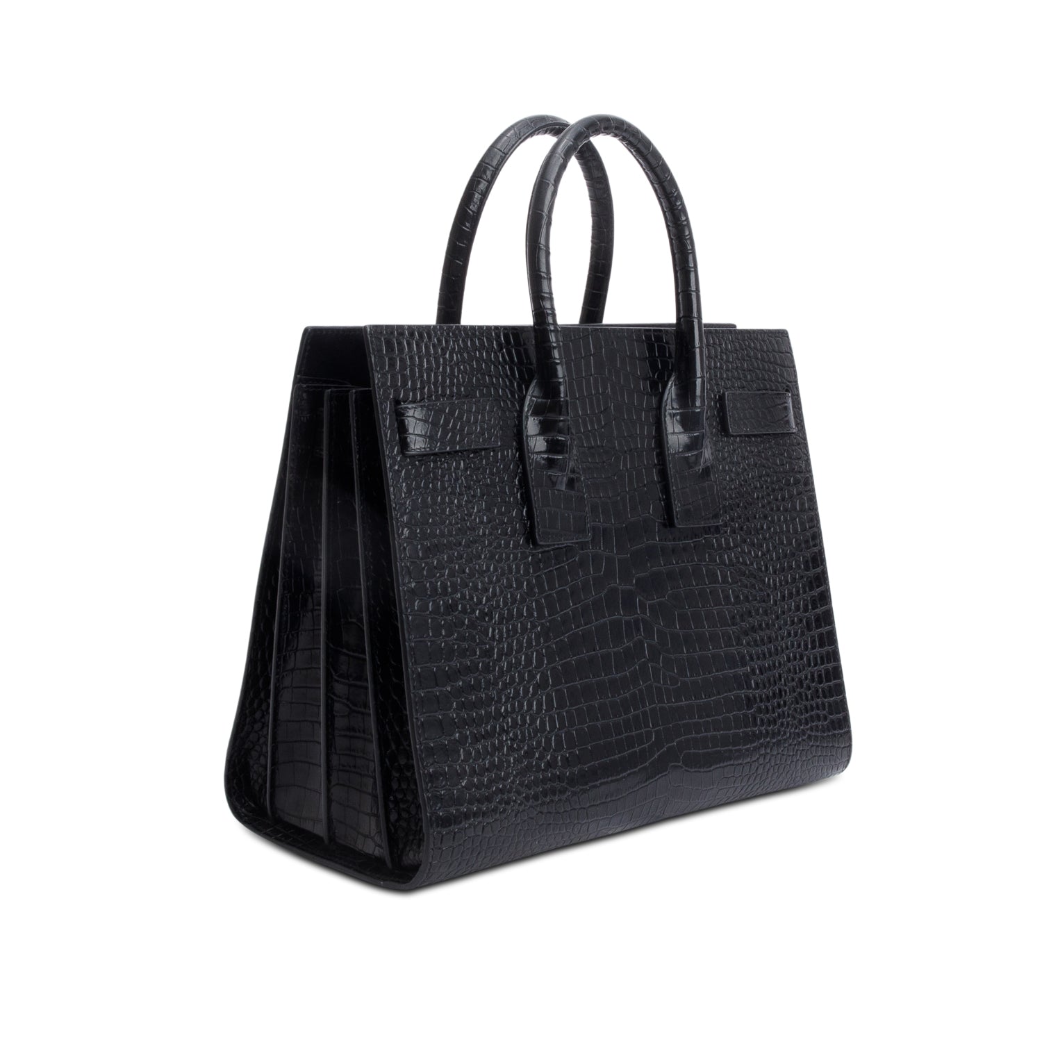 Saint Laurent Black Crocodile Embossed Calfskin Leather Small Sac De Jour w/ Strap