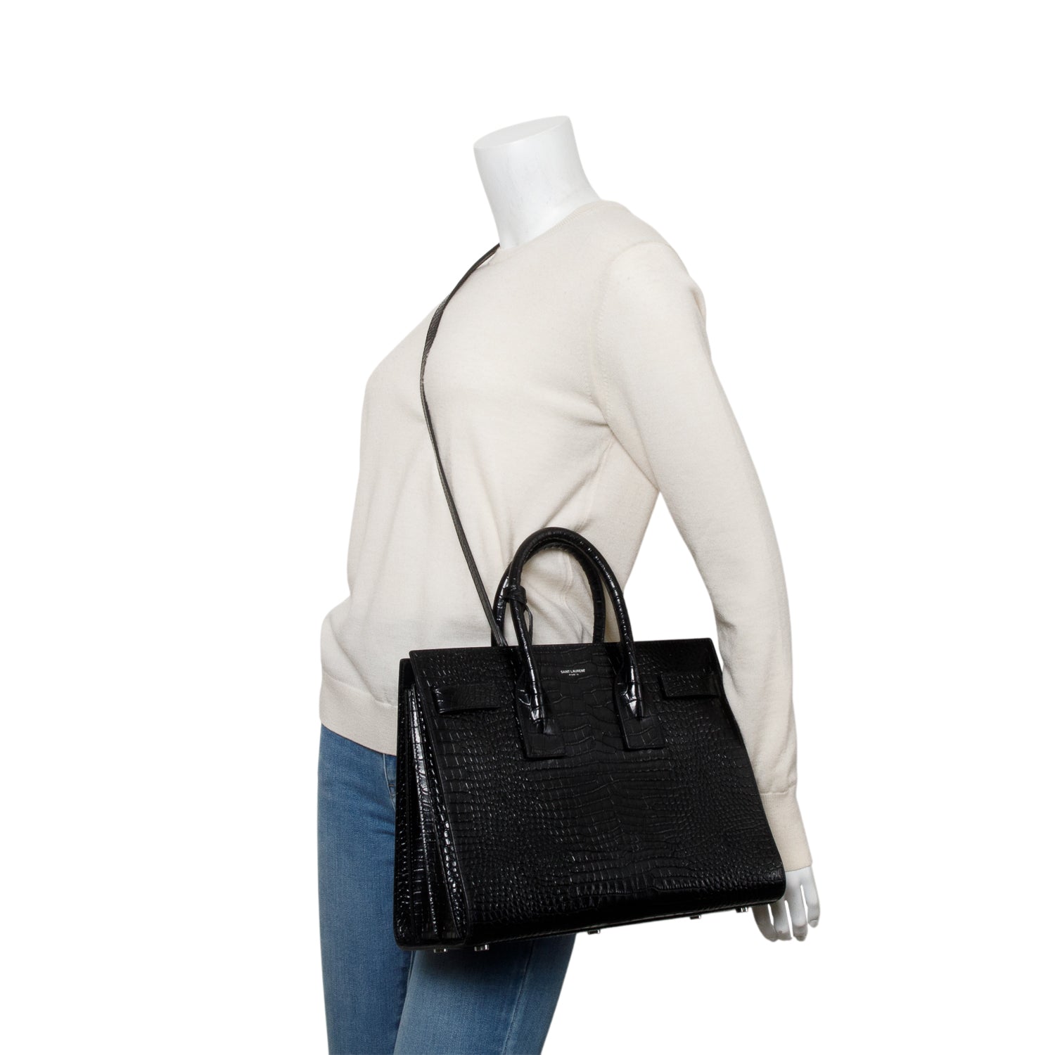 Saint Laurent Black Crocodile Embossed Calfskin Leather Small Sac De Jour w/ Strap