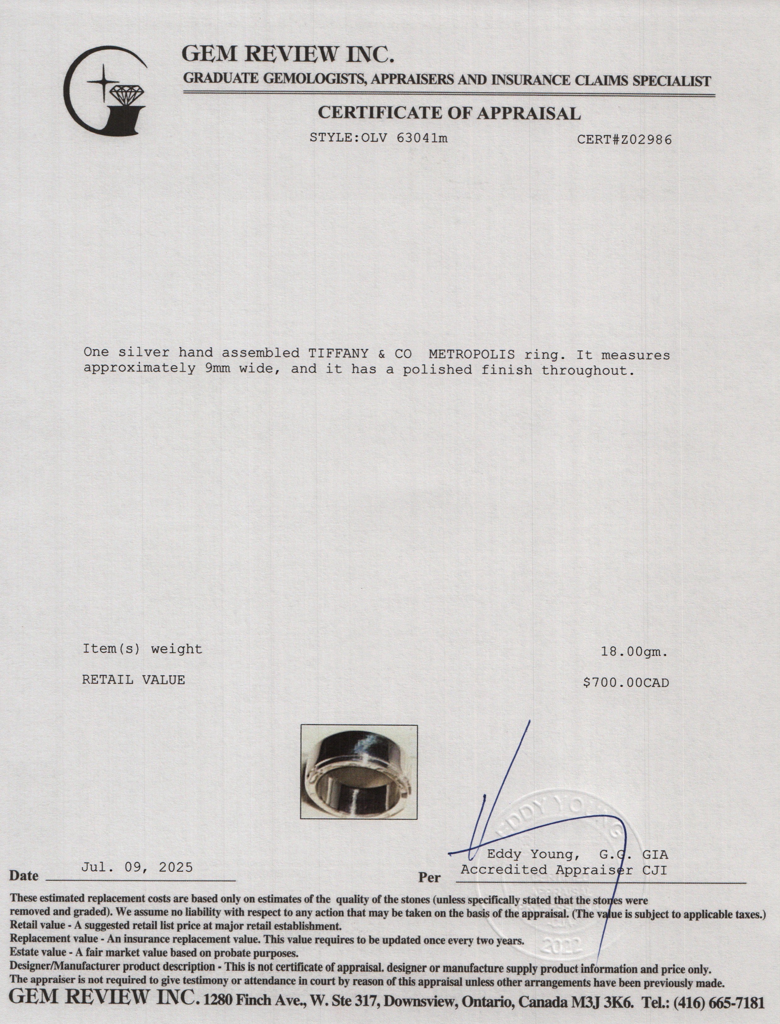 Tiffany & Co. Sterling Silver Metropolis Band Ring, Size 10.5