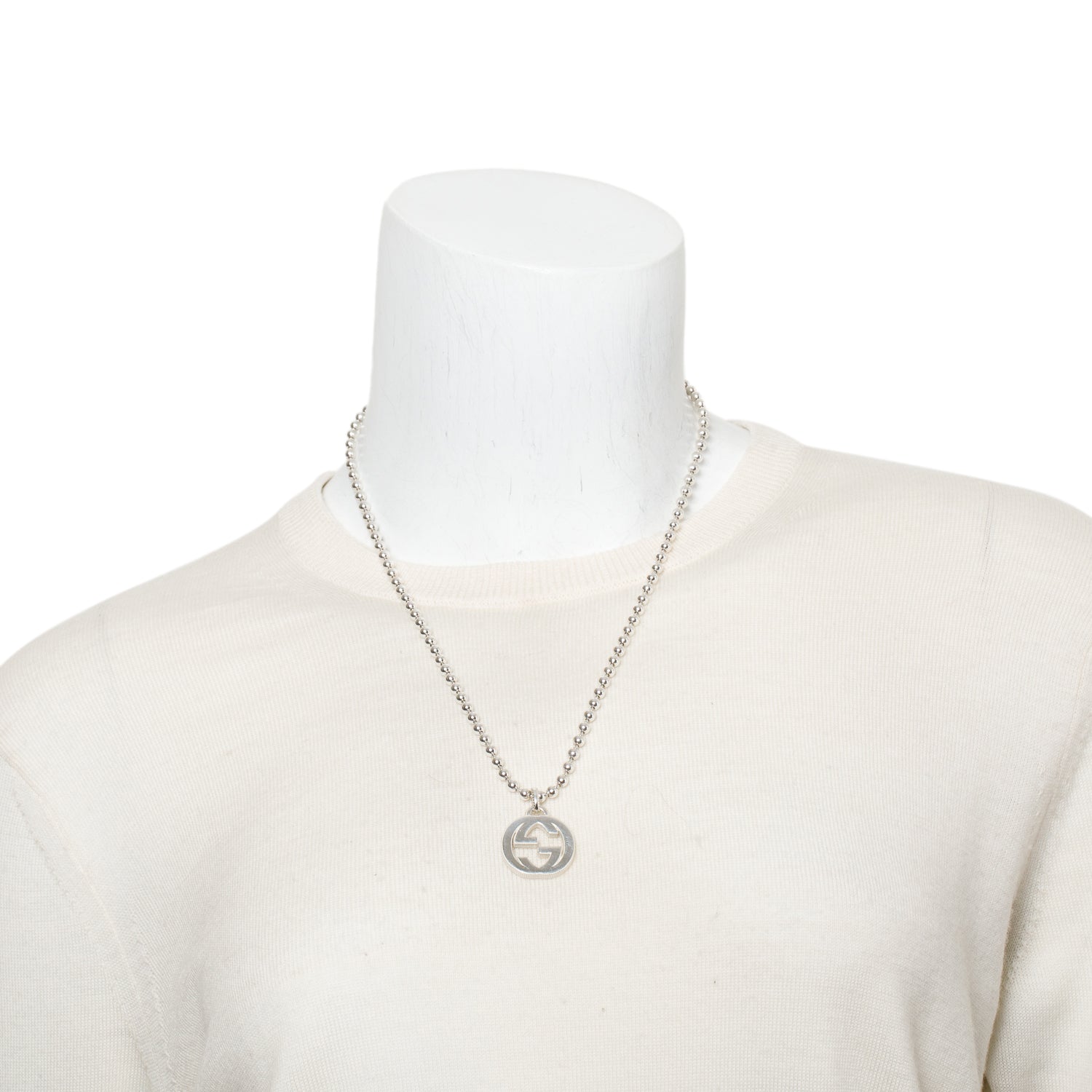 Gucci Sterling Silver Interlocking G Pendant Bead Necklace w/ Box