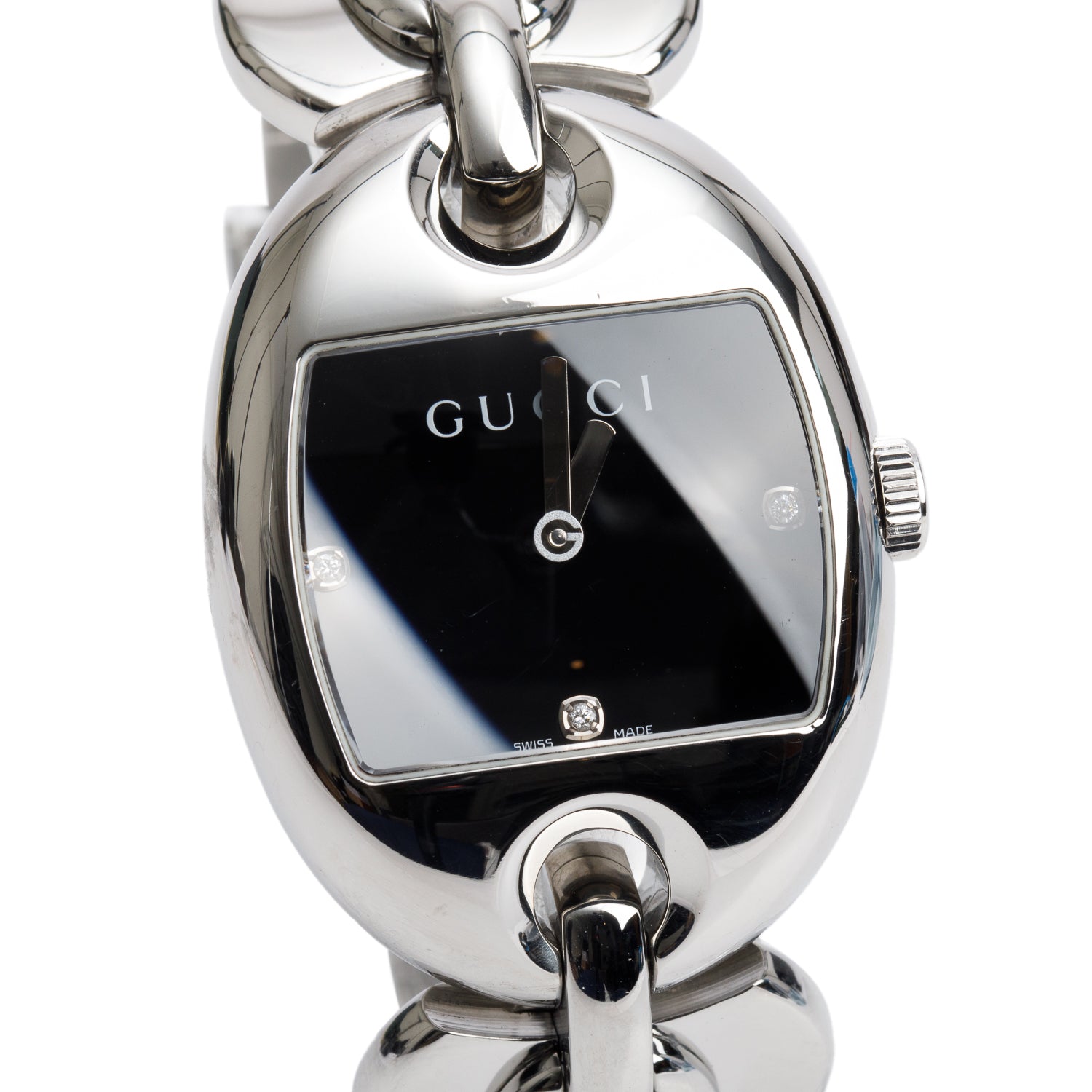Gucci Stainless Steel 121.3 Series Marina Chain Watch Black Diamond Dial w/ Box
