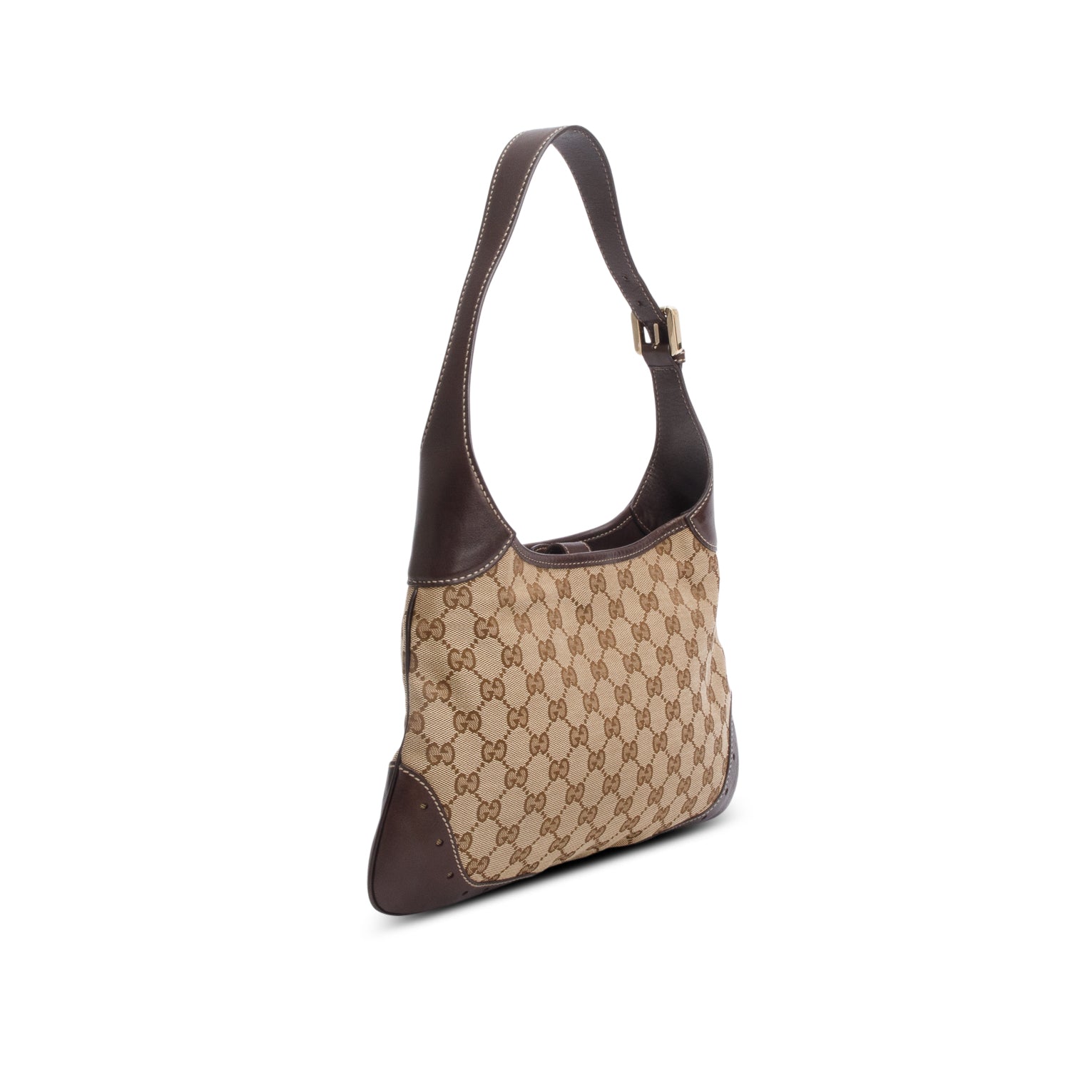 Gucci GG Canvas Brown Leather Trim Medium Punch Hobo