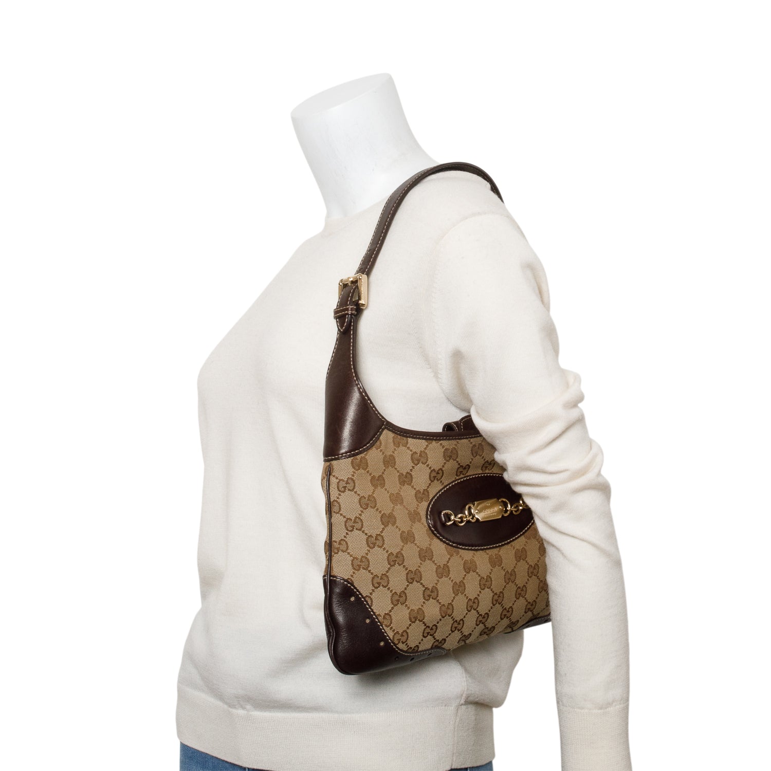 Gucci GG Canvas Brown Leather Trim Medium Punch Hobo