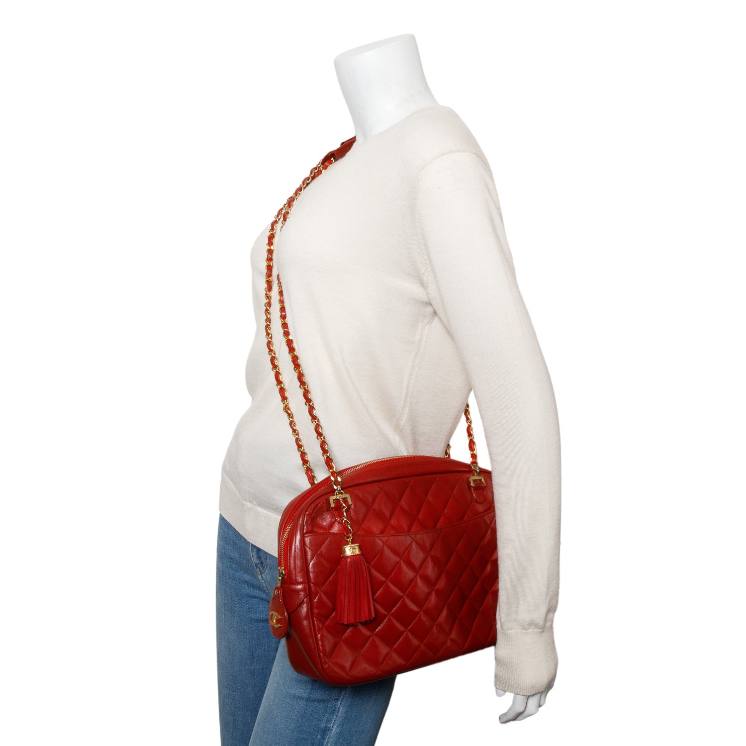 Chanel Vintage Red Quilted Lambskin Leather Tassel Camera Bag