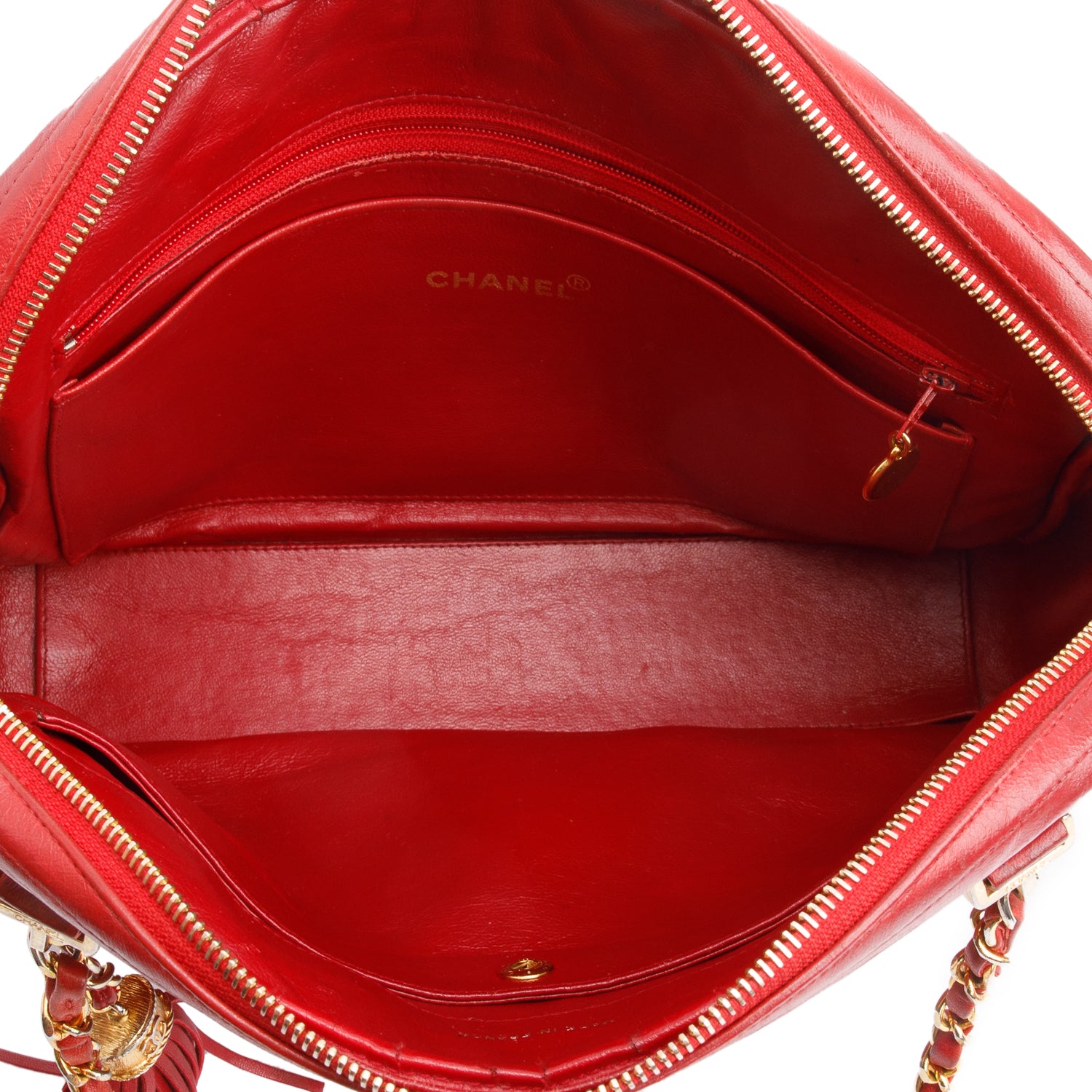 Chanel Vintage Red Quilted Lambskin Leather Tassel Camera Bag