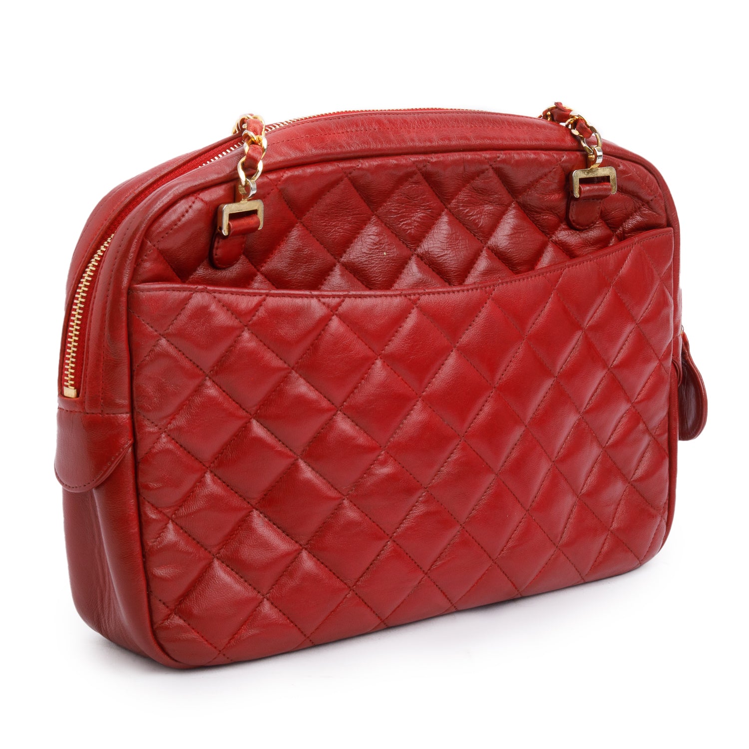 Chanel Vintage Red Quilted Lambskin Leather Tassel Camera Bag