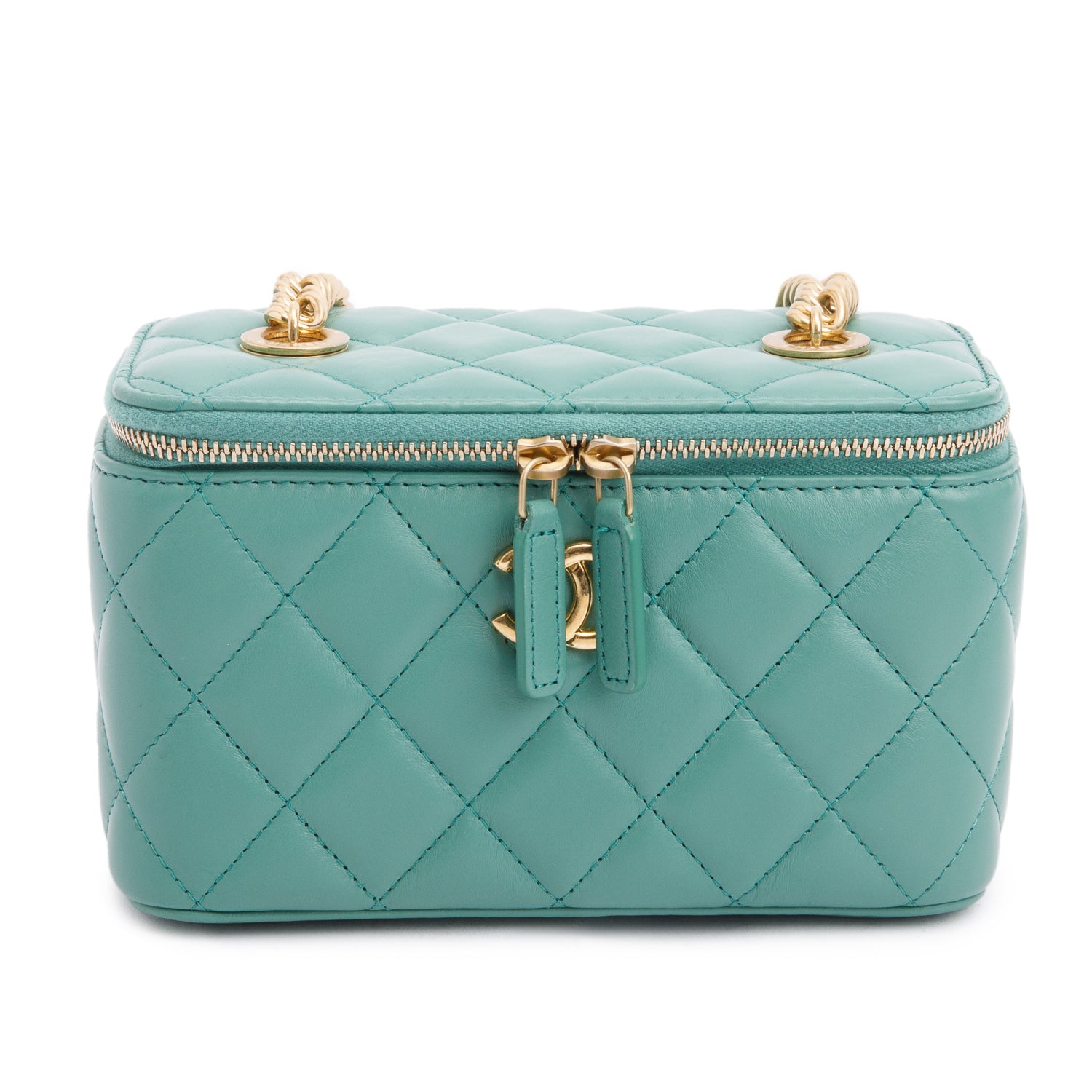 Chanel Green Quilted Lambskin Leather Small Vanity Case w/ Box