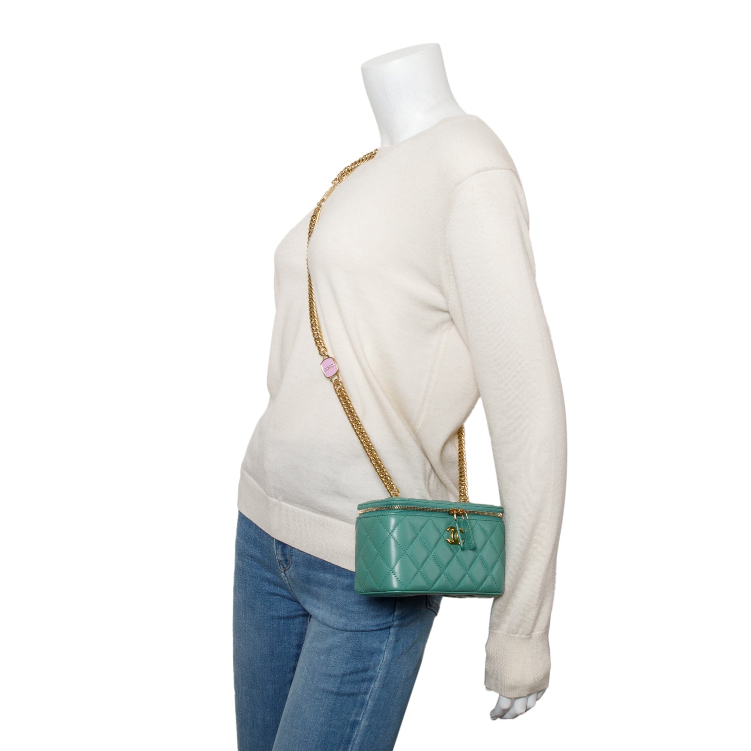 Chanel Green Quilted Lambskin Leather Small Vanity Case w/ Box