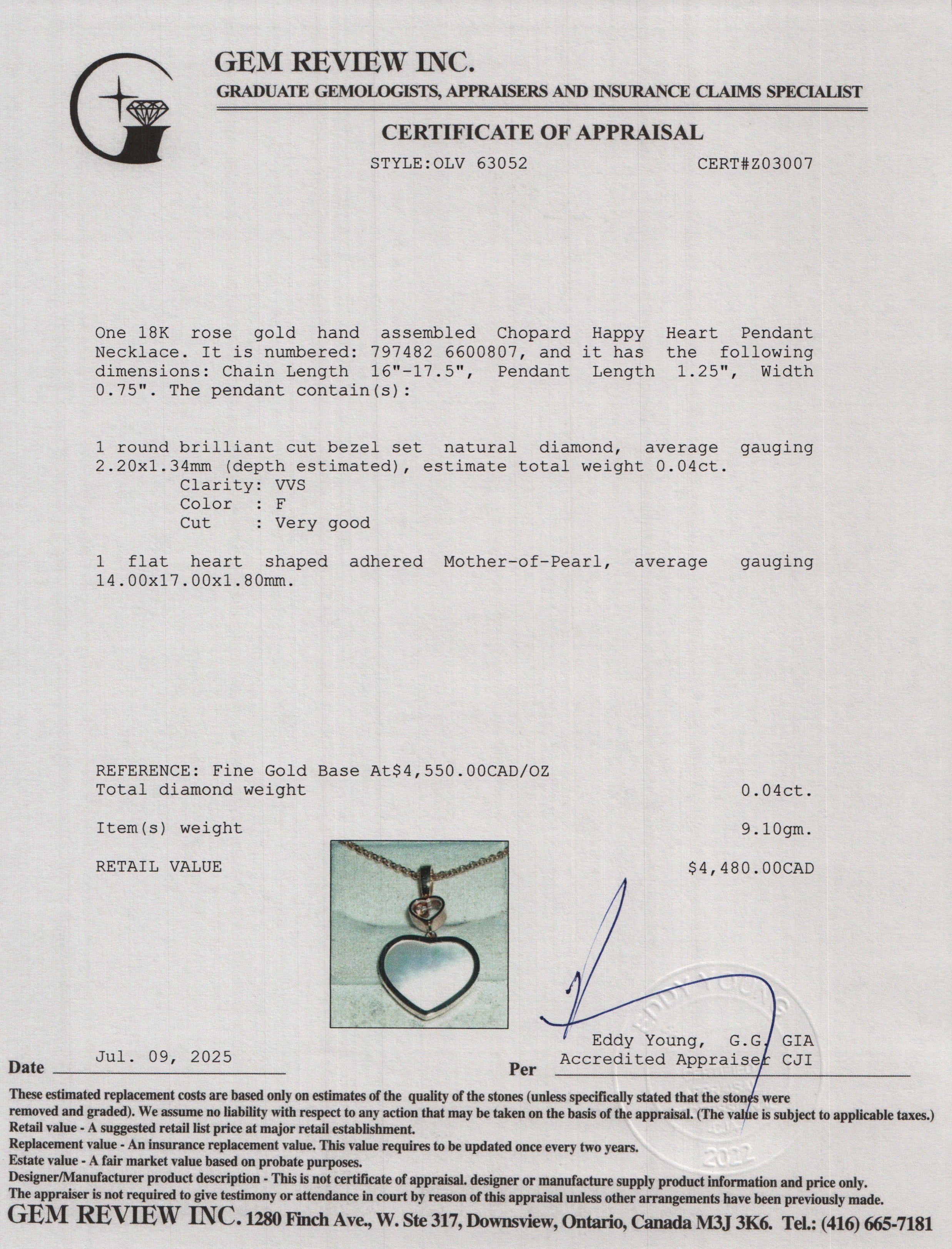 Chopard 18k Rose Gold Mother of Pearl Diamond Happy Heart Pendant Necklace w/ Box & Certificate