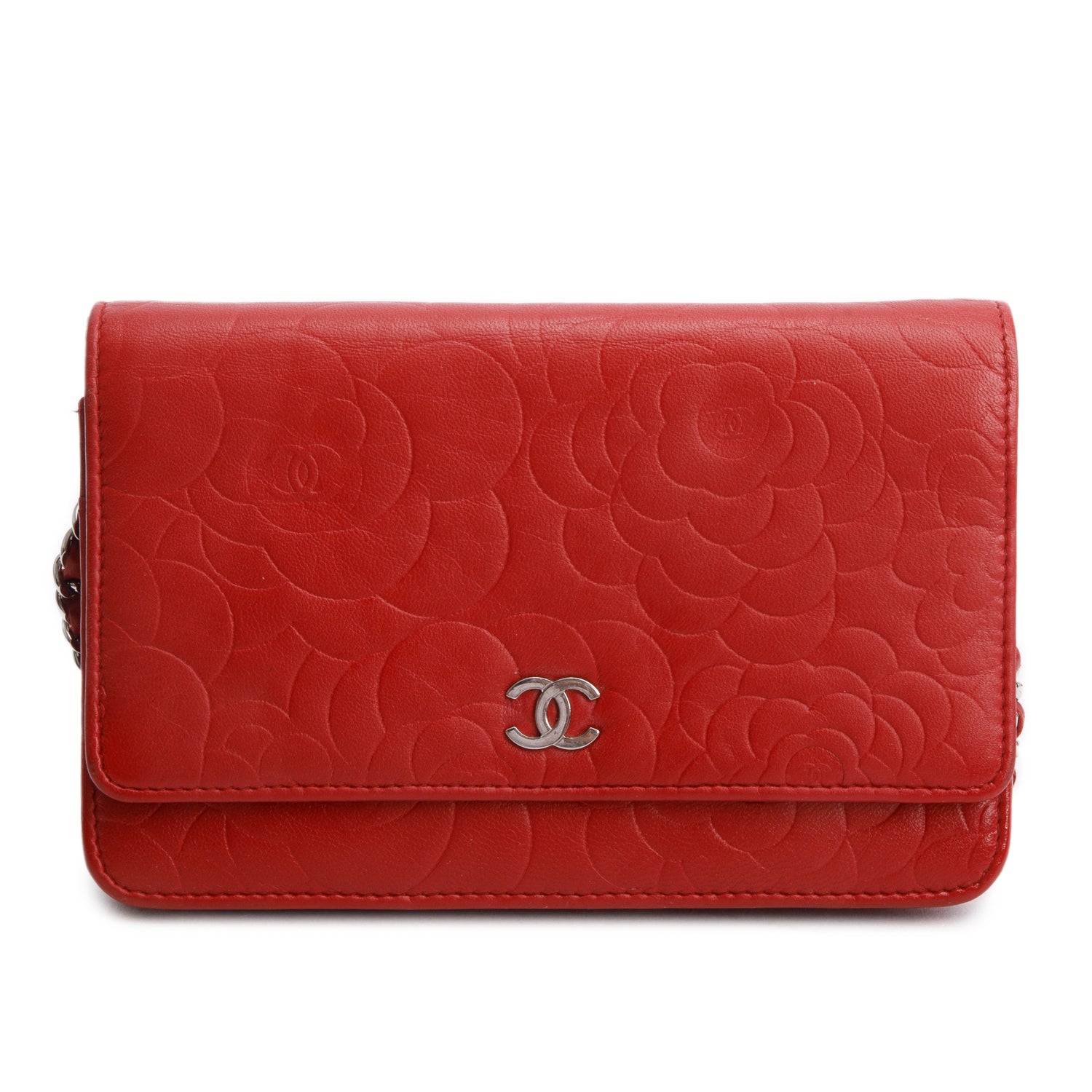 Chanel Red Quilted Lambskin Leather Camellia Classic Wallet on Chain