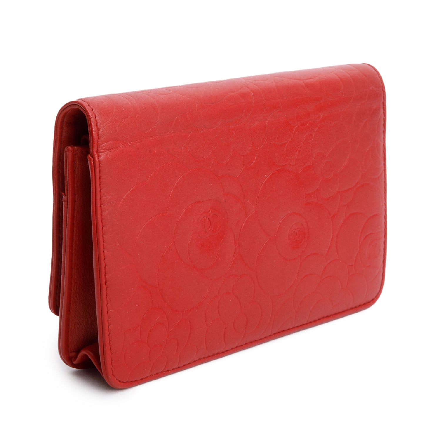 Chanel Red Quilted Lambskin Leather Camellia Classic Wallet on Chain