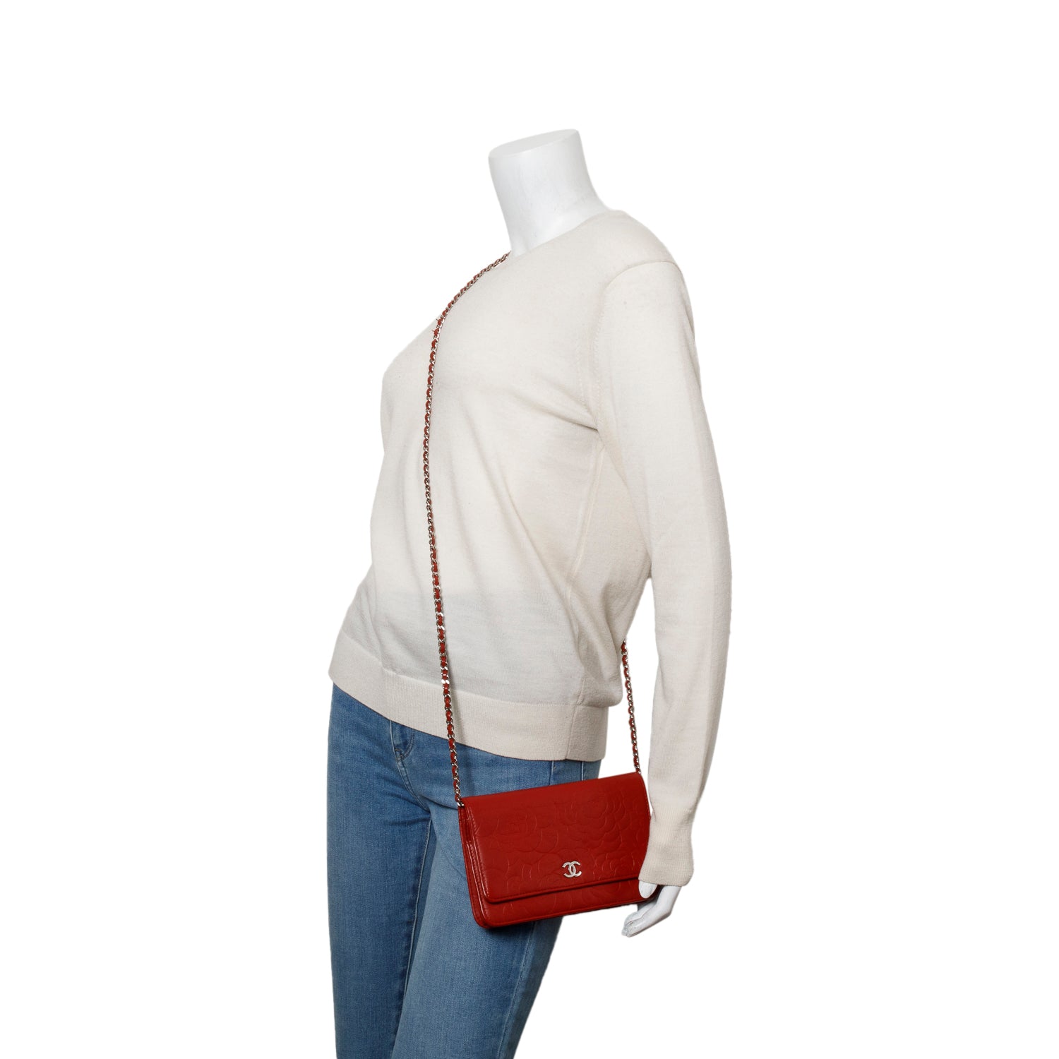 Chanel Red Quilted Lambskin Leather Camellia Classic Wallet on Chain