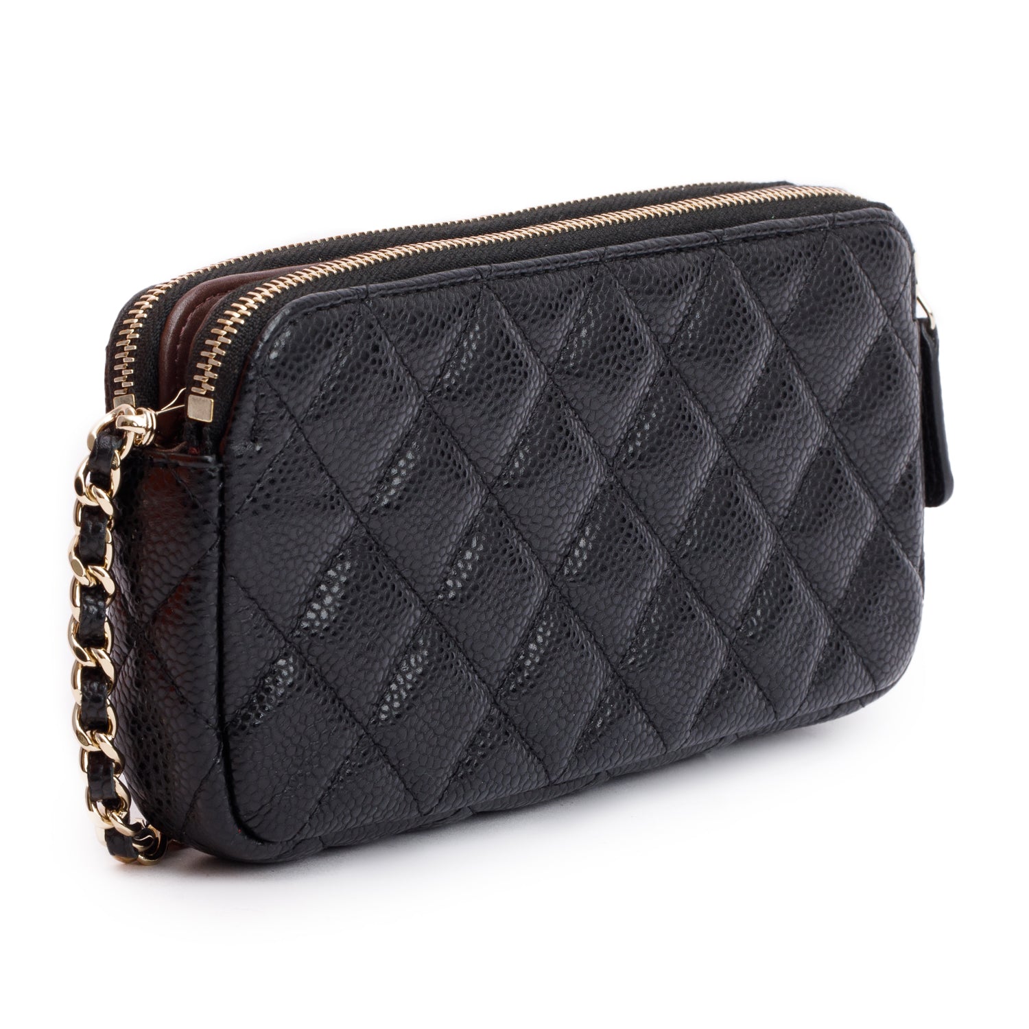 Chanel Black Quilted Caviar Leather Classic Double Zip Wallet on Chain