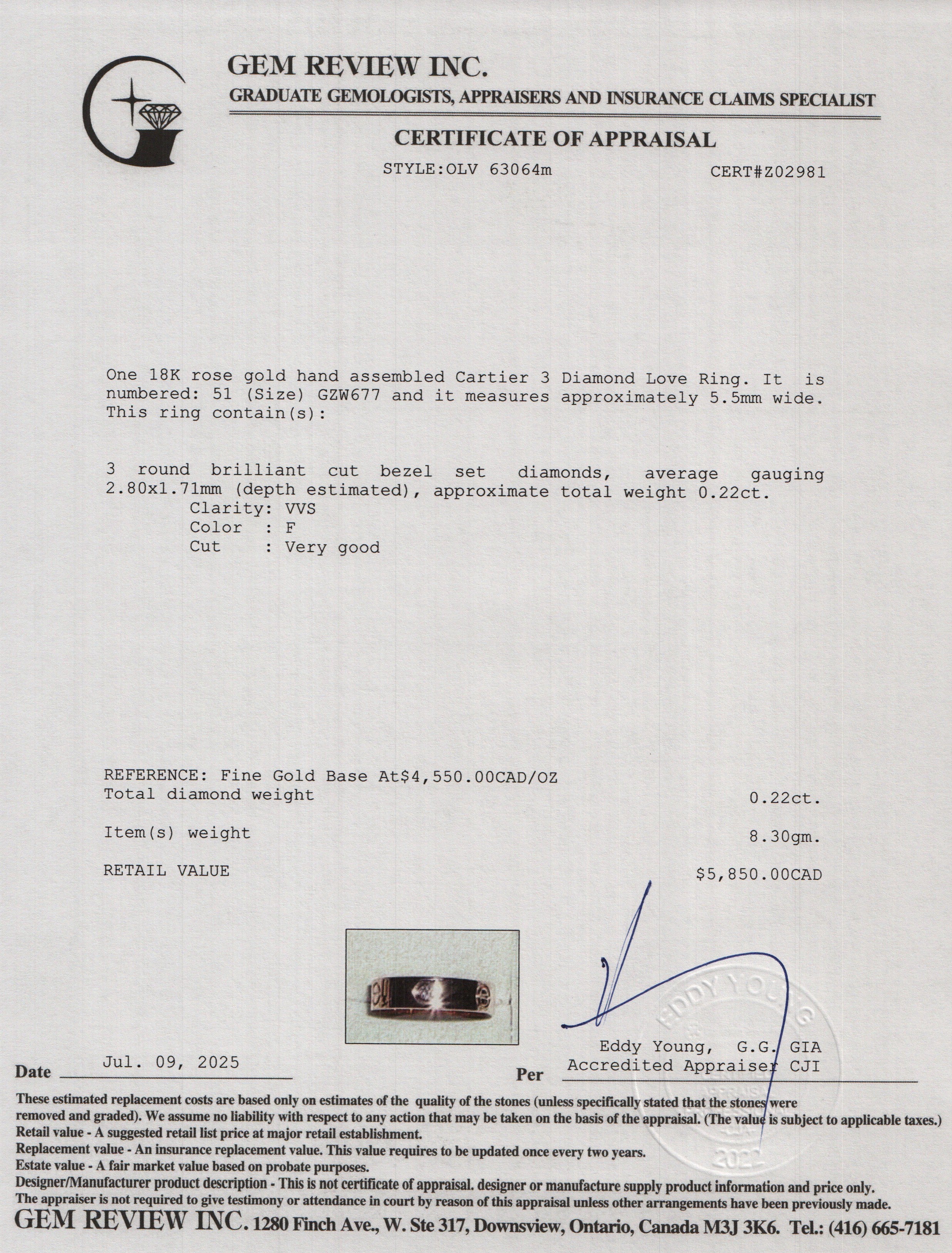 Cartier 18k Rose Gold 3 Diamond Love Ring, Size 51 5.75 w/ Box & Certificate