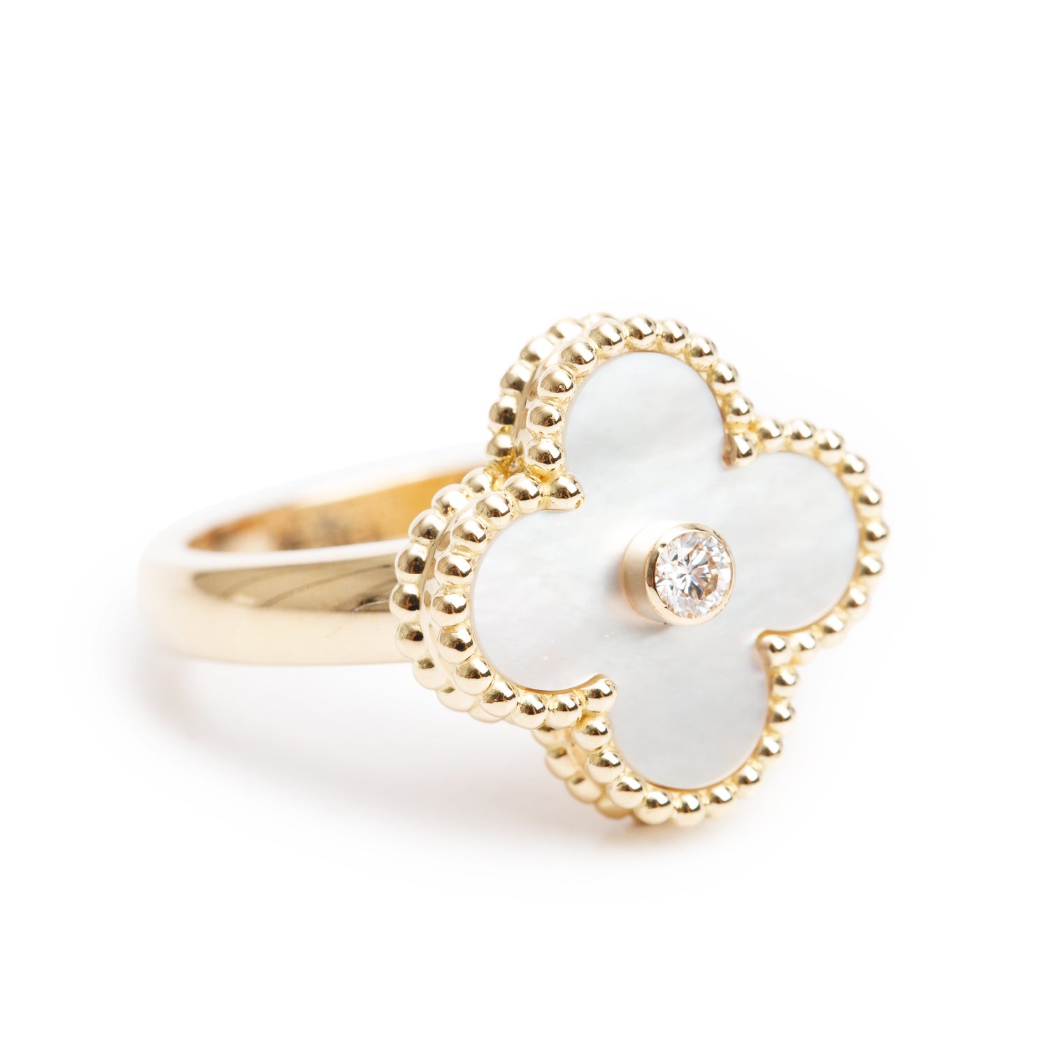 Van Cleef & Arpels 18k Yellow Gold Mother of Pearl & Diamond Vintage Alhambra Ring, Size 51 5.75