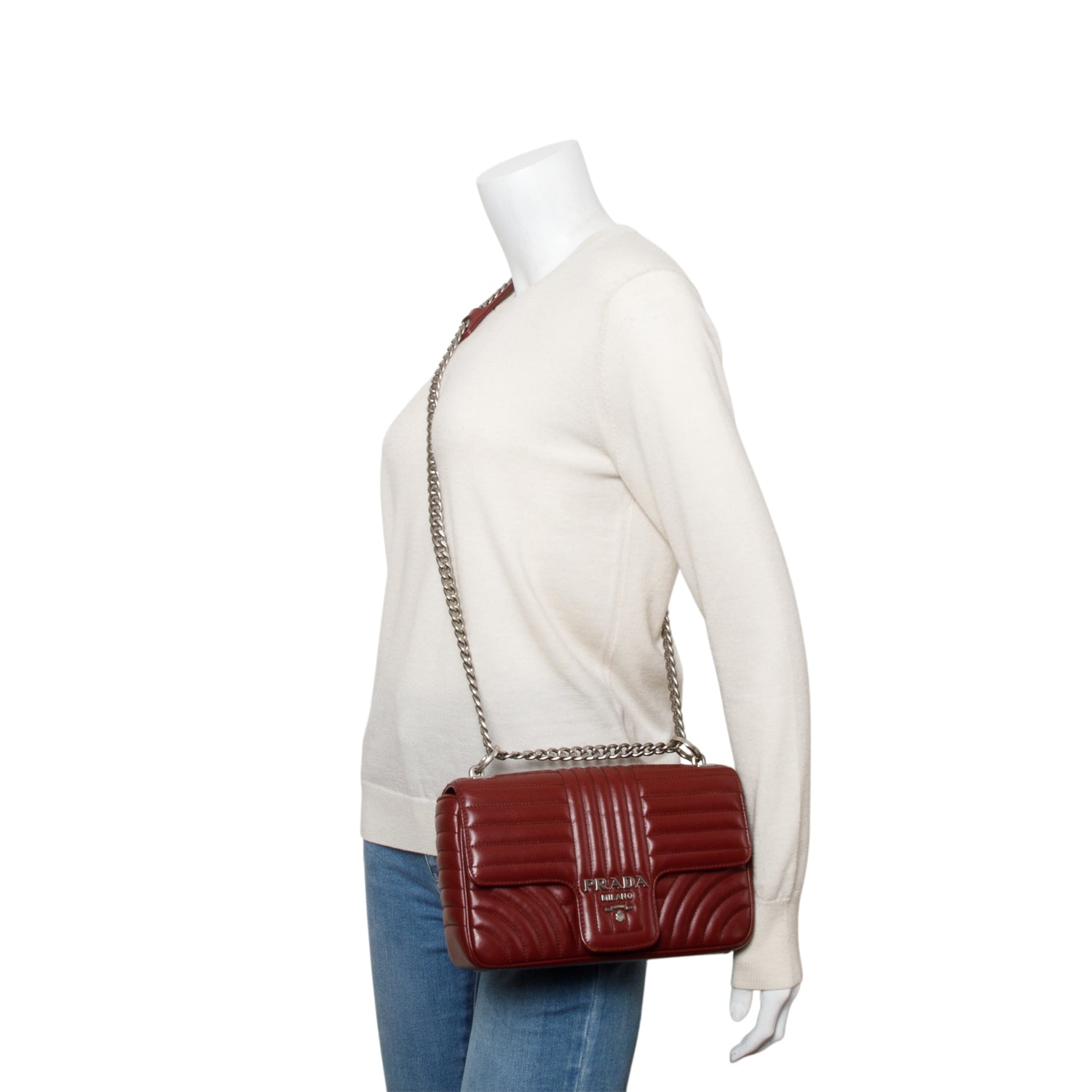 Prada Burgundy Soft Calf Impunture Diagramme Medium Chain Flap Shoulder Bag