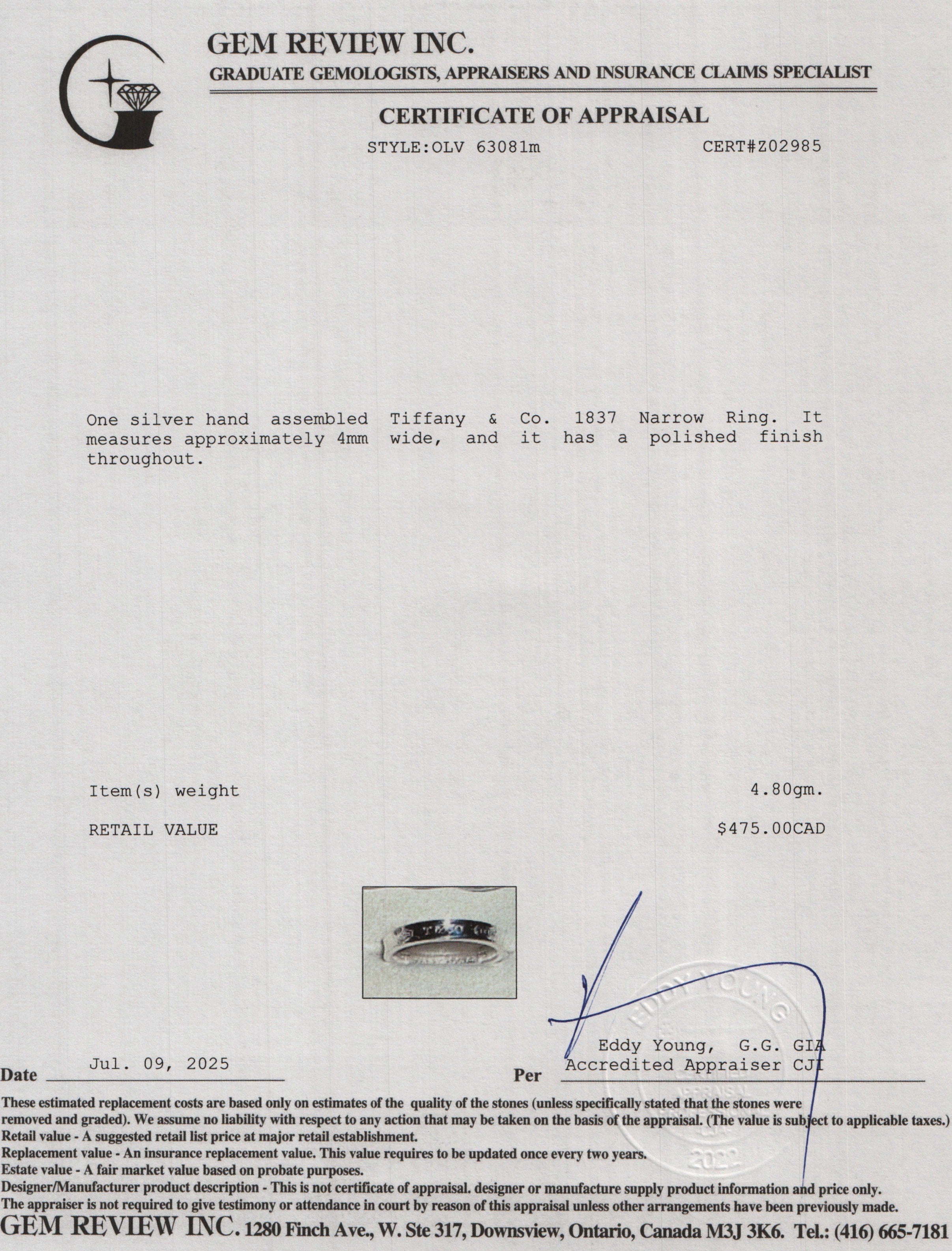 Tiffany & Co. Sterling Silver 1837 Narrow Ring, Size 9.5