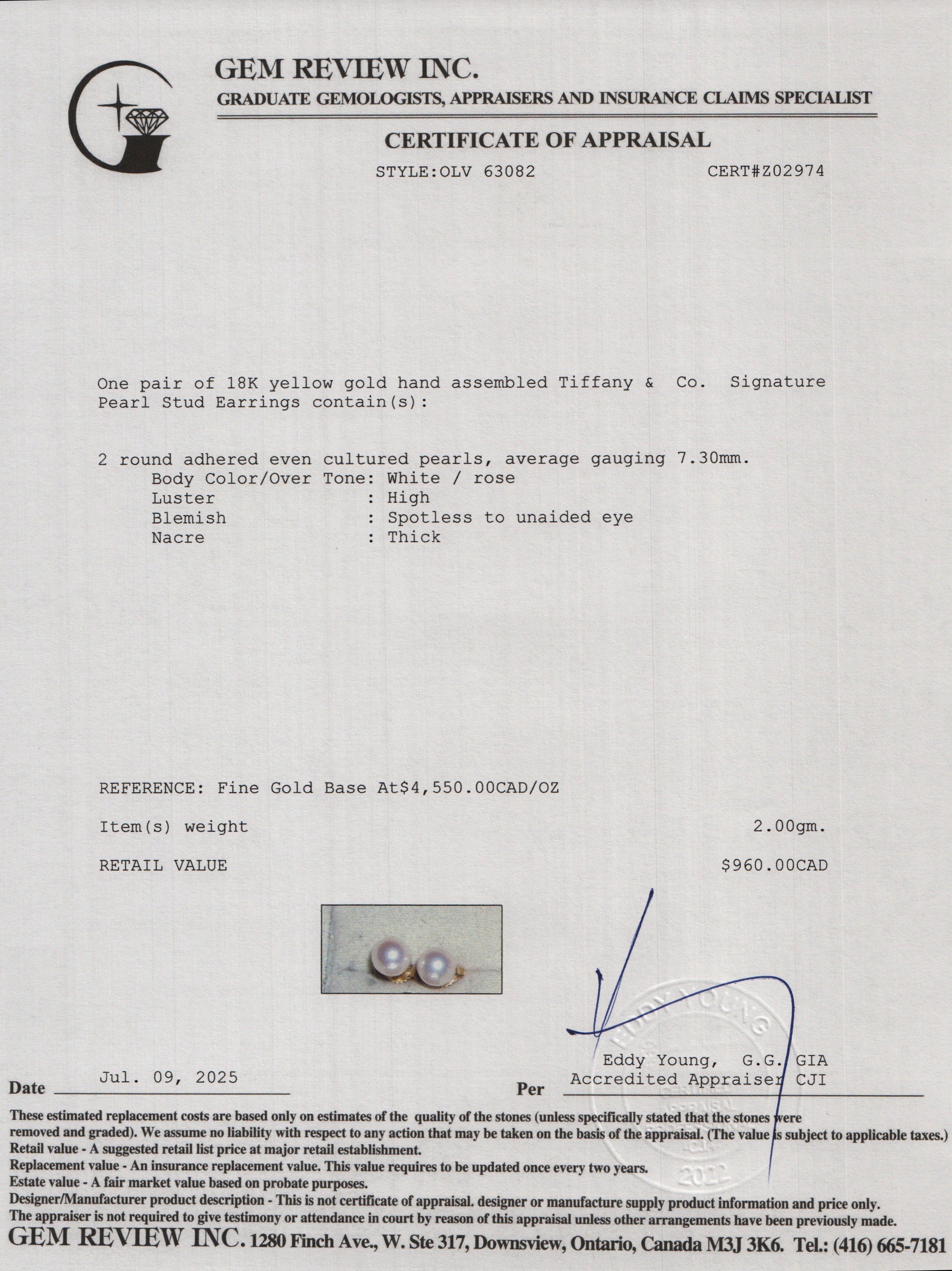 Tiffany & Co. 18k Yellow Gold Signature Pearl Stud Earrings, 7-7.5 MM w/ Box