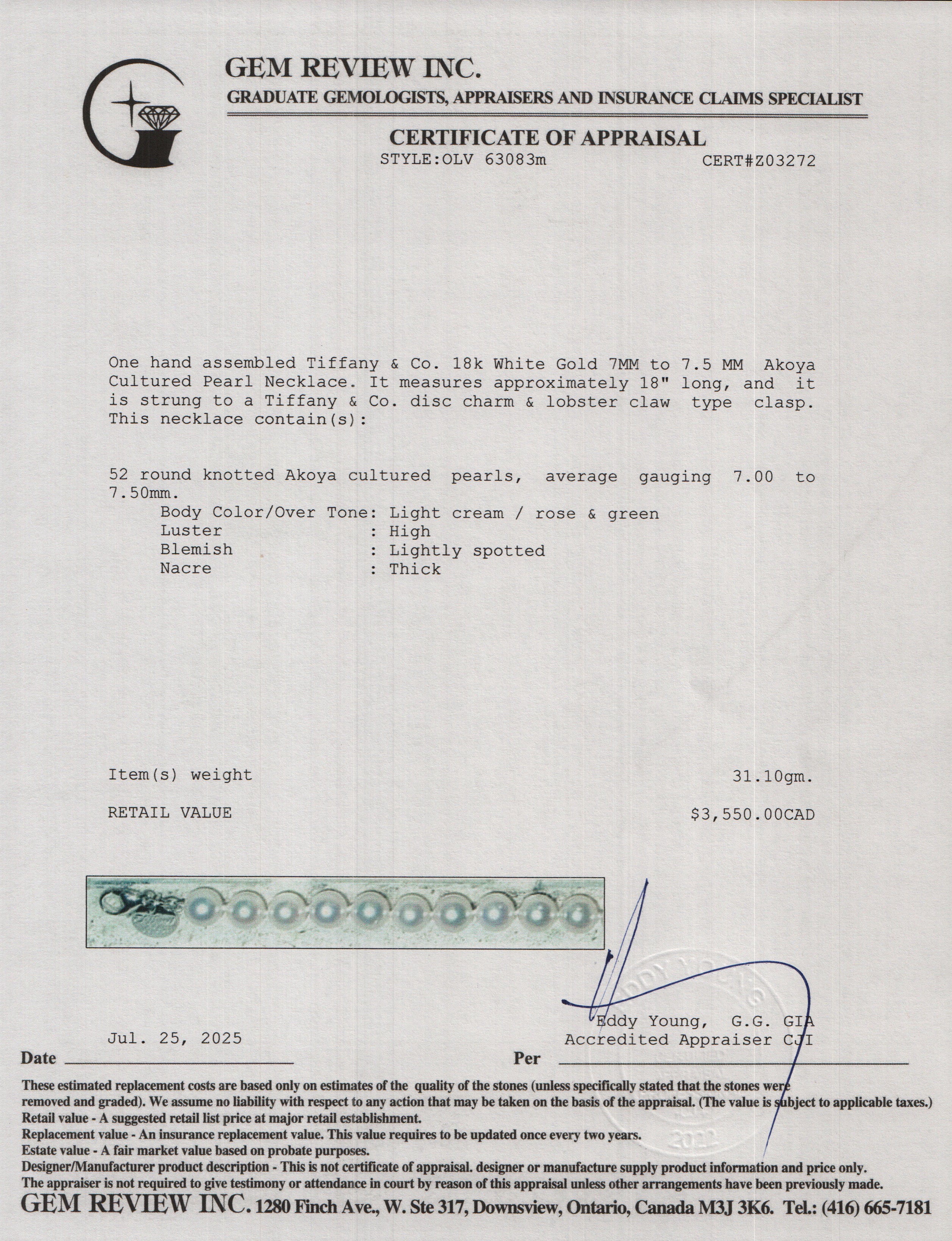 Tiffany & Co. 2022 18k White Gold 7-7.5 MM Akoya Cultured Pearl Necklace w/ Box & Receipt