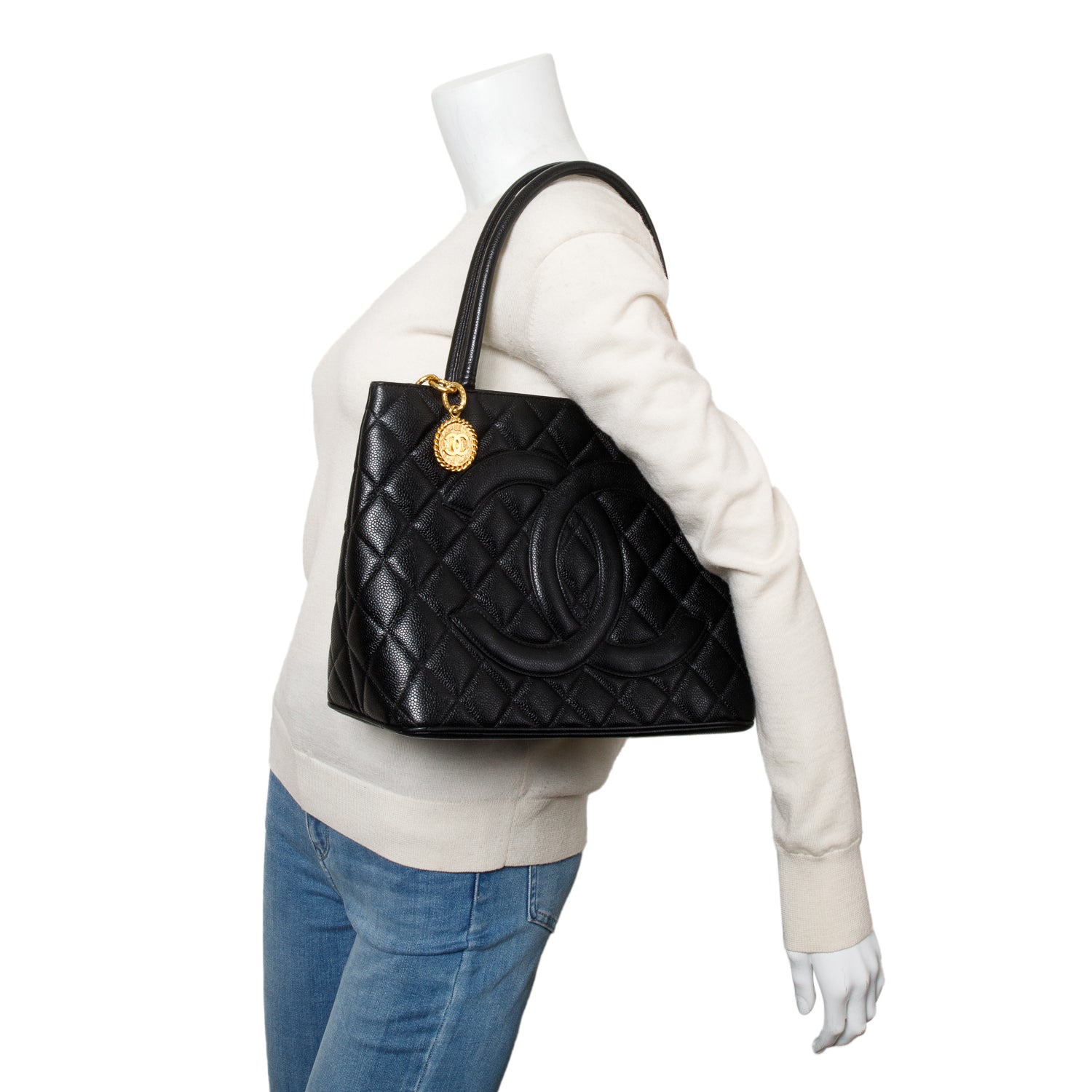 Chanel Vintage Black Caviar Leather Medallion Tote