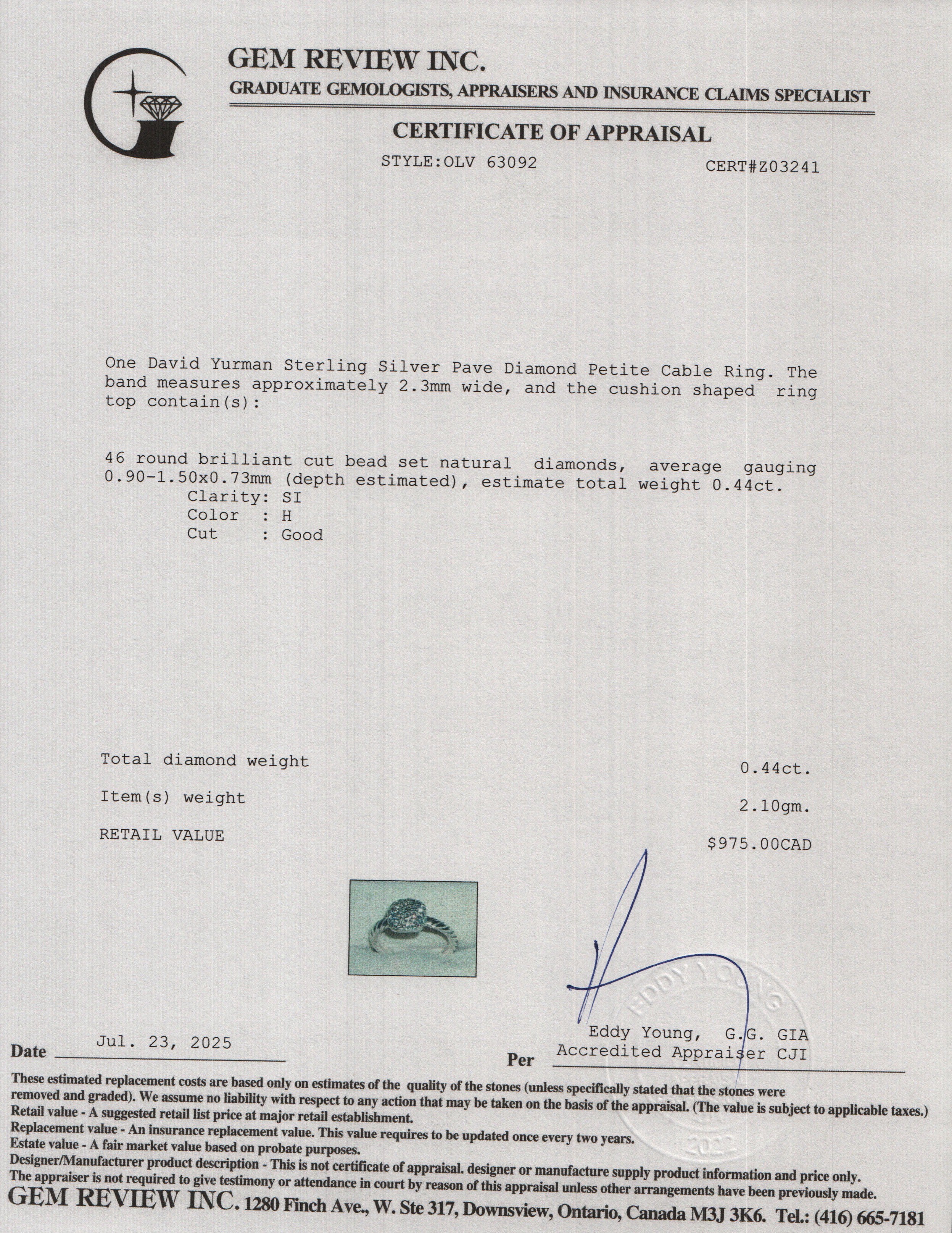 David Yurman Sterling Silver Pave Diamond Petite Cable Ring, Size 3.25