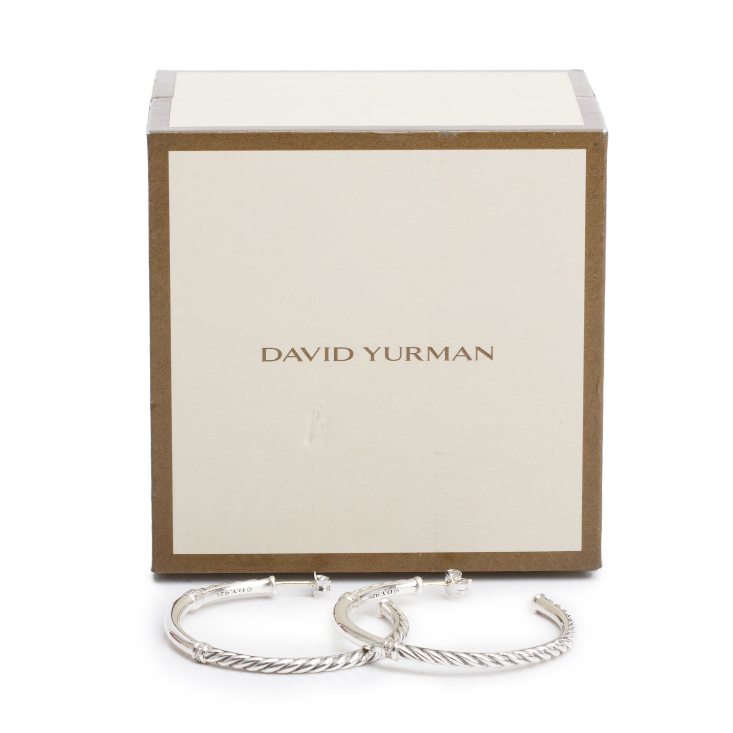 David Yurman Sterling Silver Diamond Cable Hoop Earrings w/ Box