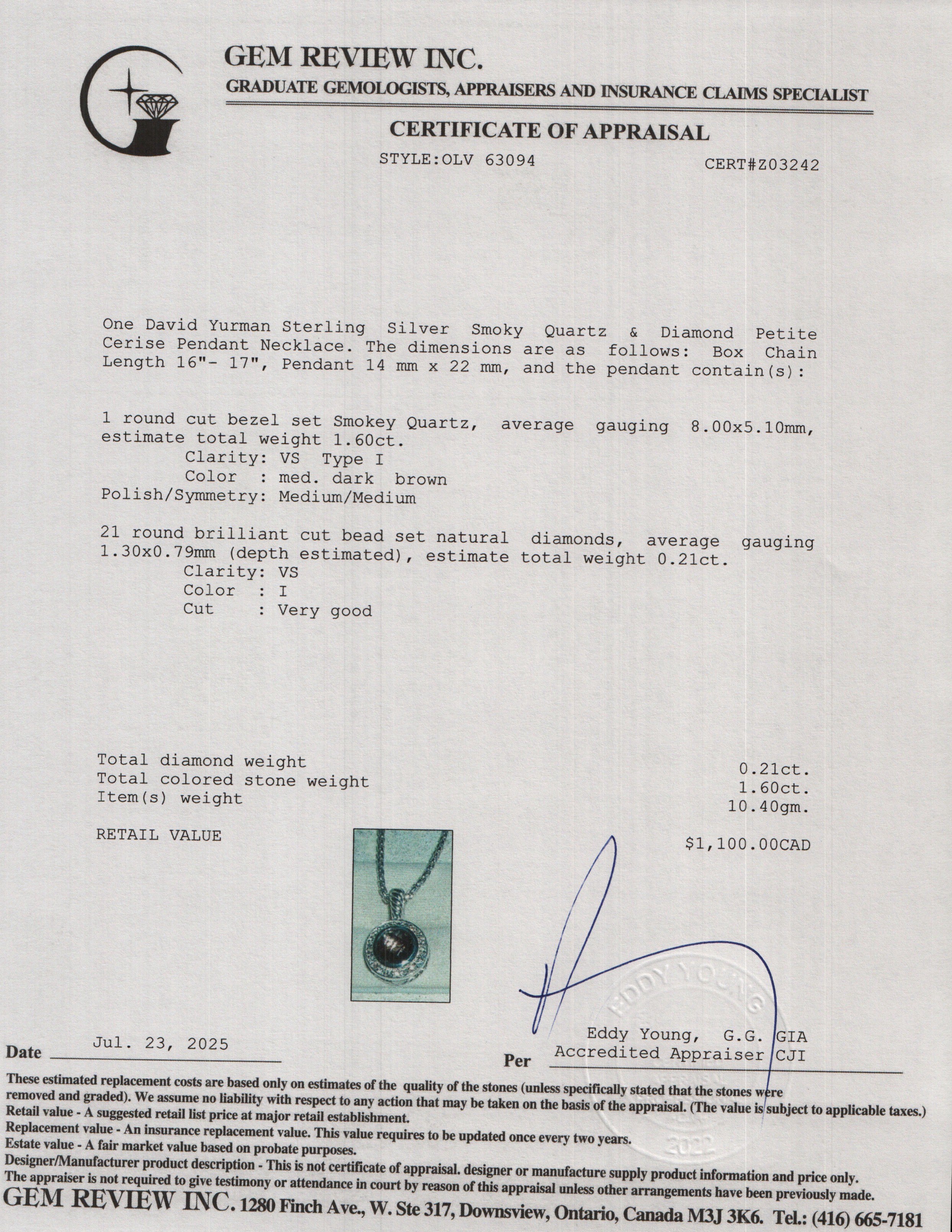 David Yurman Sterling Silver Smoky Quartz & Diamond Petite Cerise Pendant Necklace