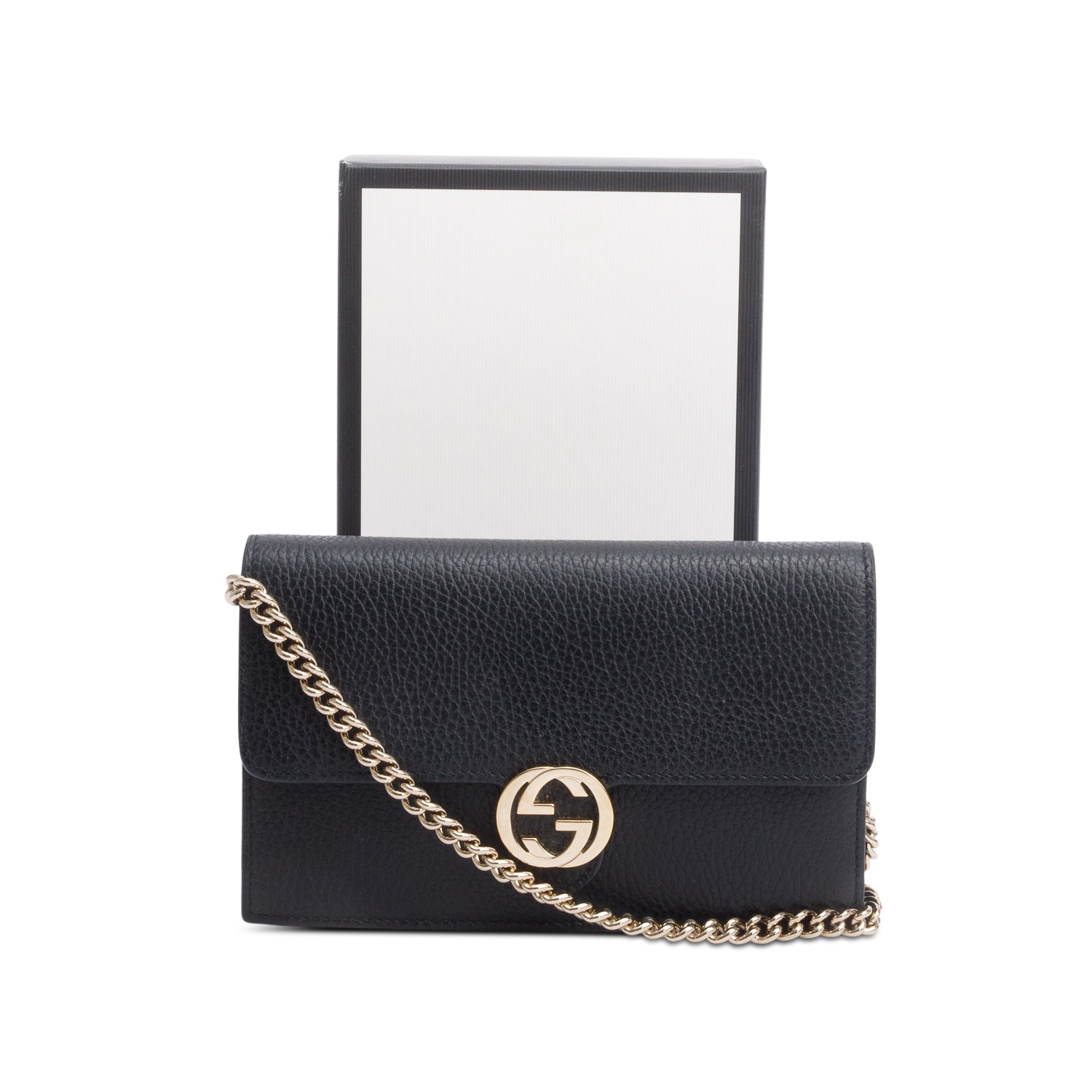 Gucci Black Leather Interlocking G Wallet on Chain w/ Box