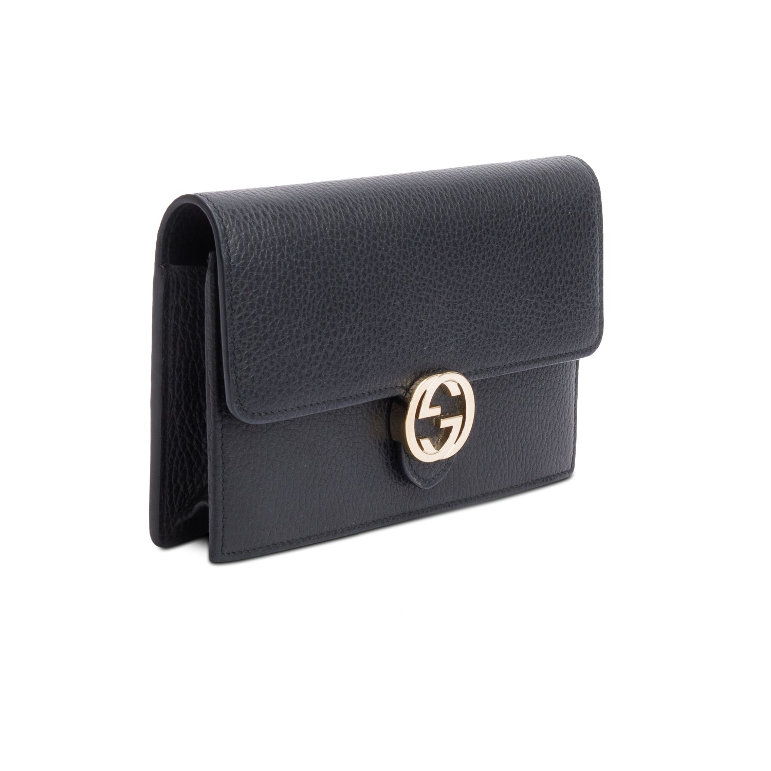 Gucci Black Leather Interlocking G Wallet on Chain w/ Box