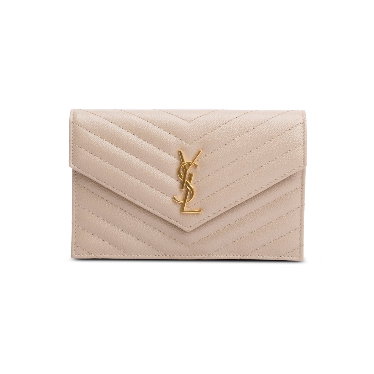 Saint Laurent 2022 Beige Cassandre Matelasse Envelope Chain Wallet w/ Box