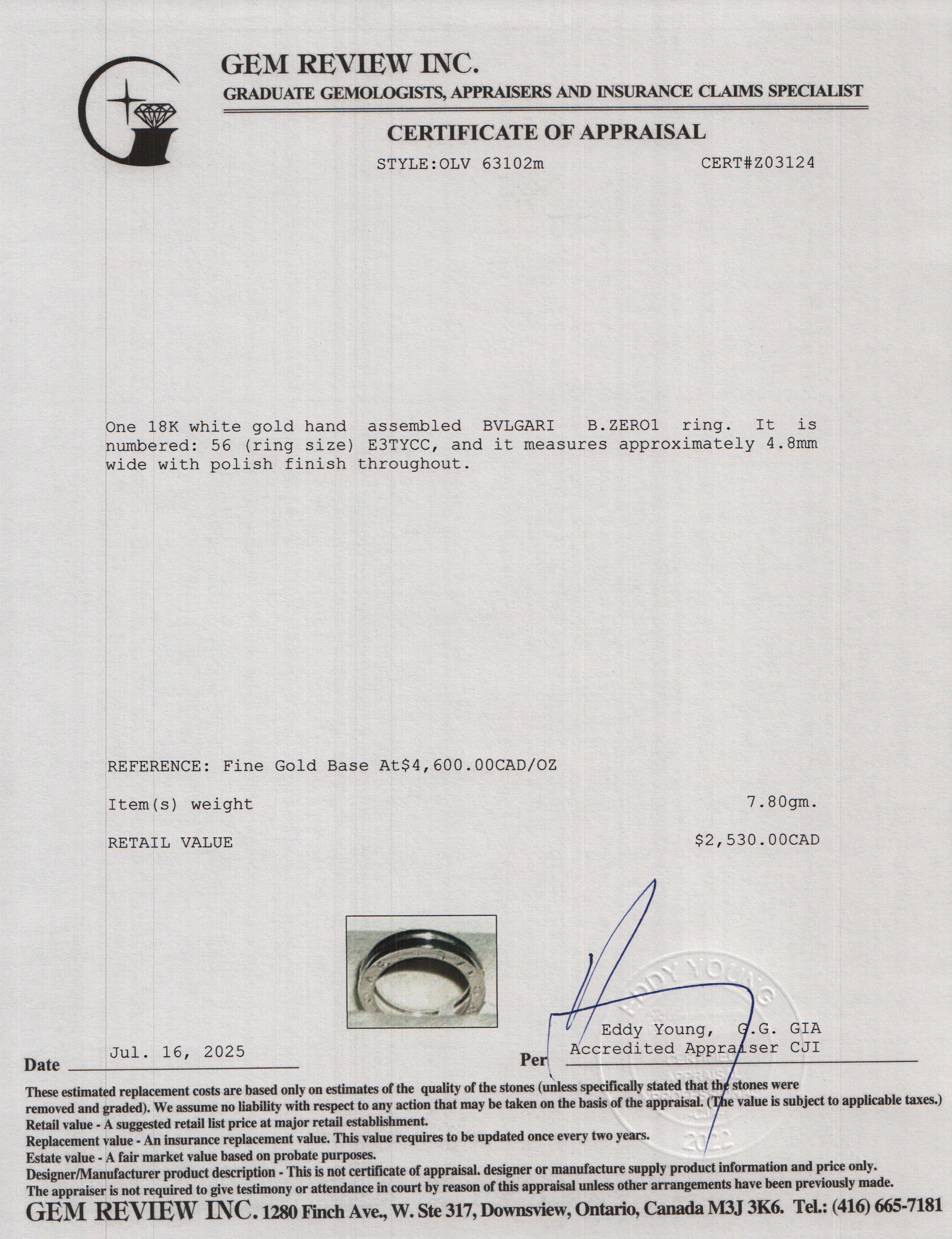 BVLGARI 18k White Gold B.Zero1 1-Band Ring, Size 56 7.75