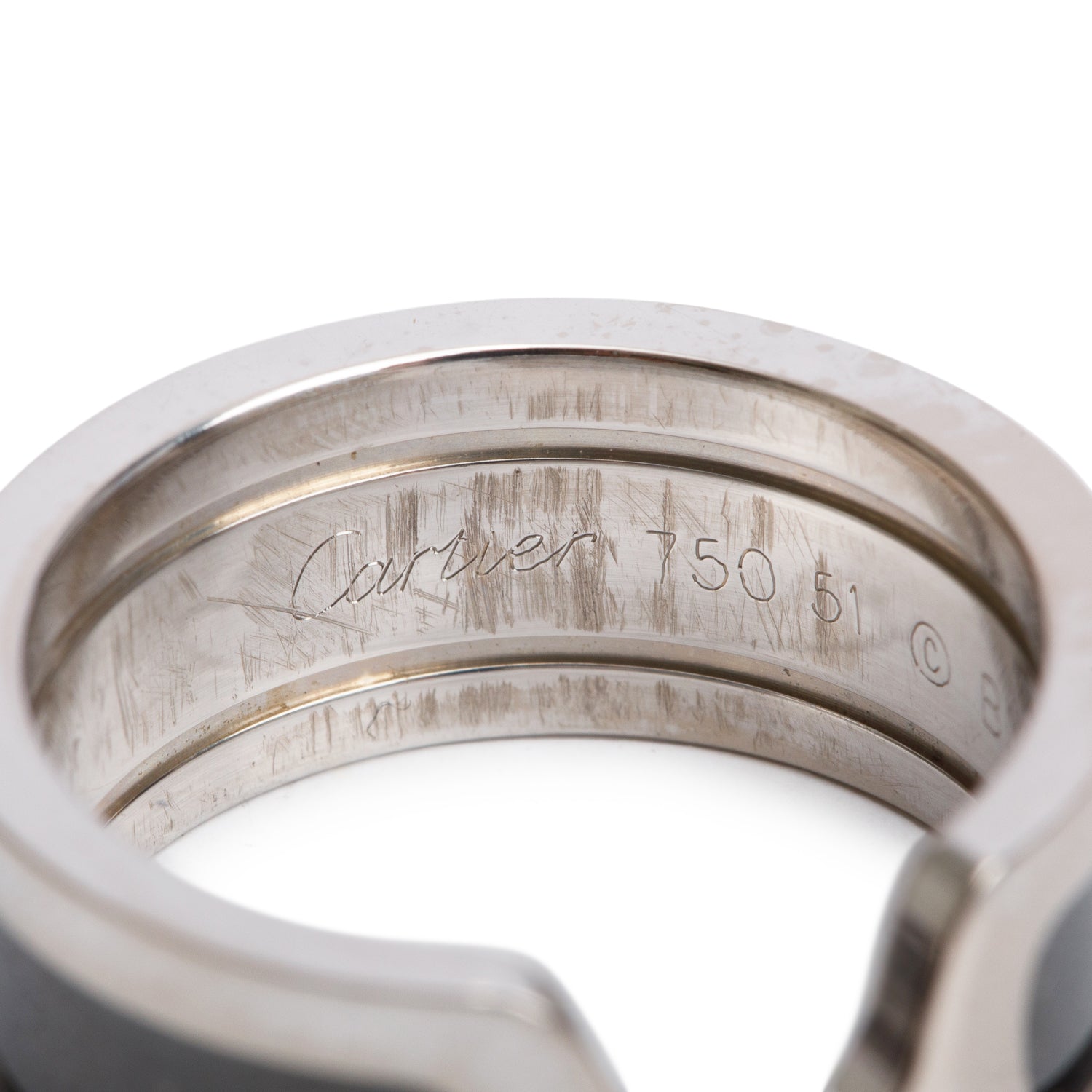 Cartier 18k White Gold & Black Ceramic Double C Ring, Size 51 6.75