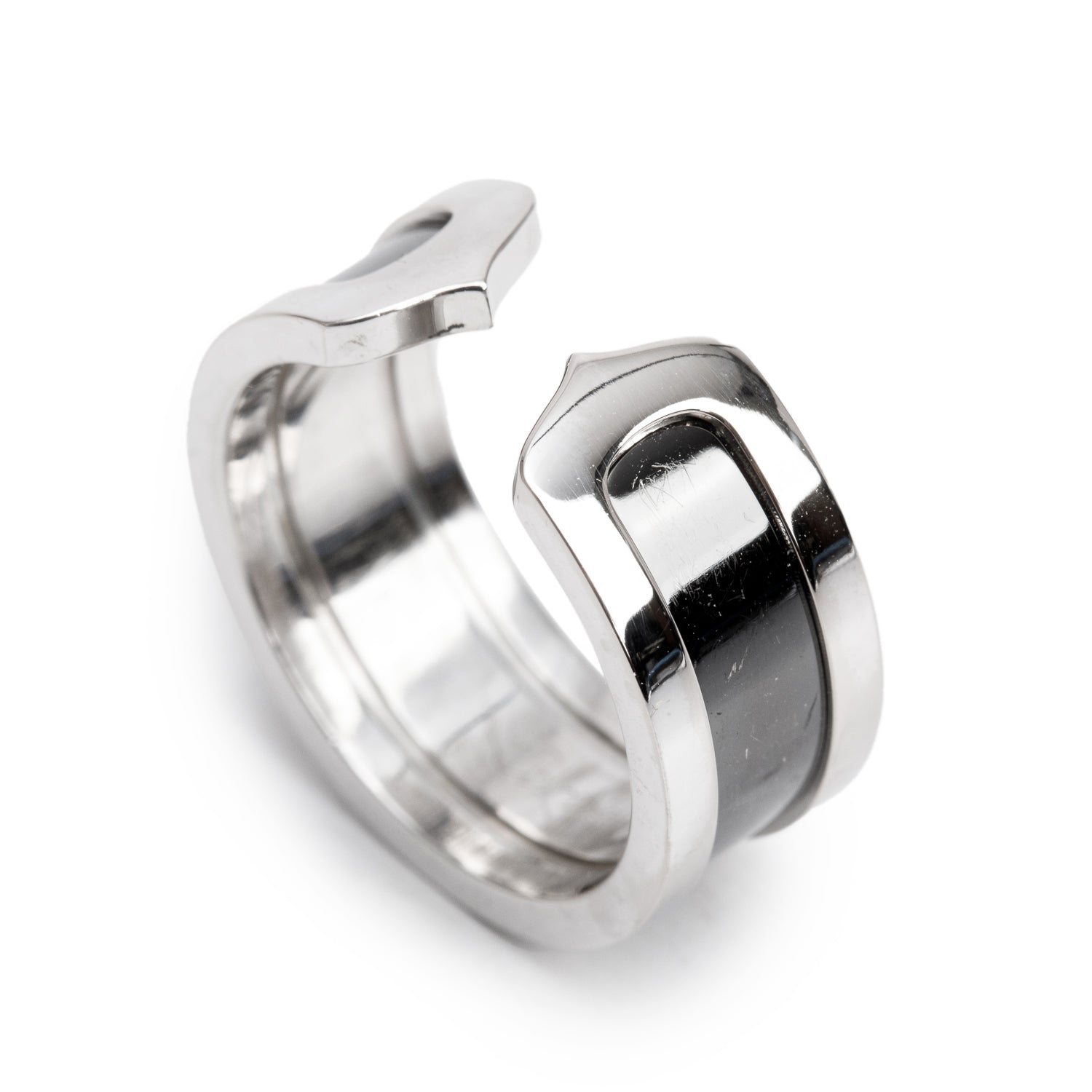 Cartier 18k White Gold & Black Ceramic Double C Ring, Size 51 6.75