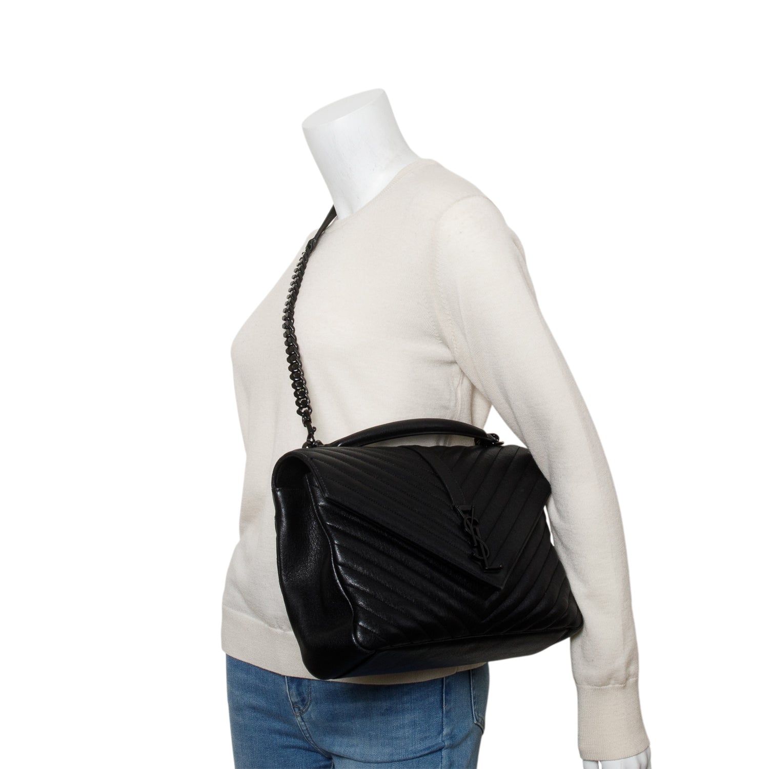 Saint Laurent Black Leather Large Chevron College Bag