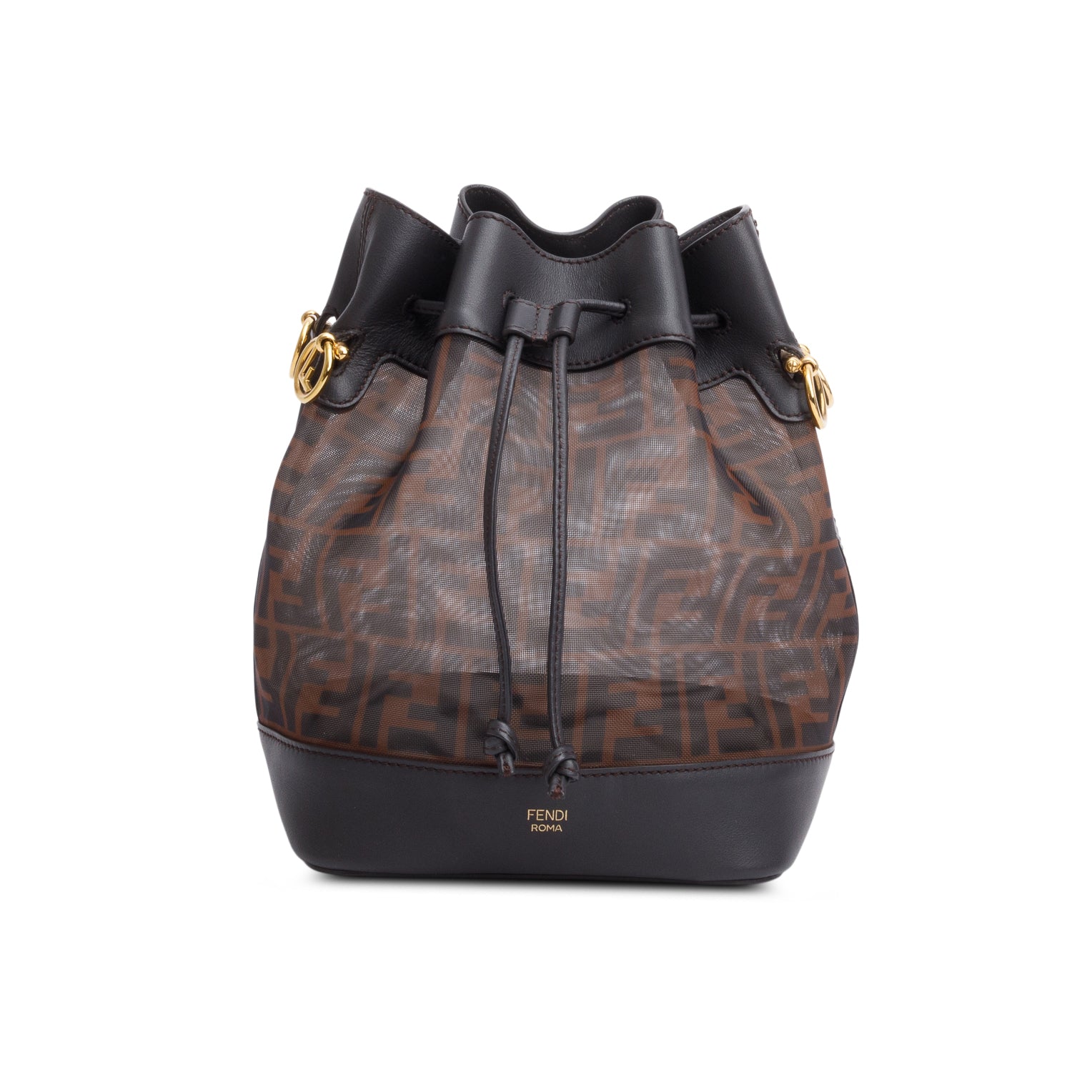 Fendi Brown Zucca FF Mesh Calfskin Leather Small Mon Tresor Bucket Bag w/ Strap