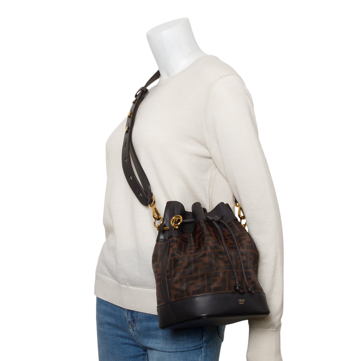 Fendi Brown Zucca FF Mesh Calfskin Leather Small Mon Tresor Bucket Bag w/ Strap