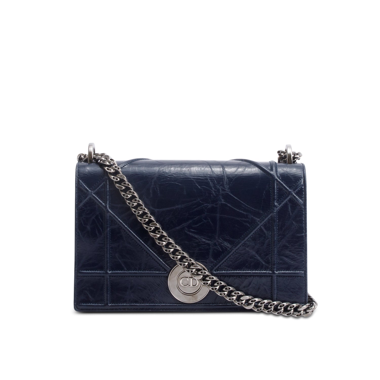 Christian Dior Navy Crinkled Cannage Leather Crystal Embellished Medium Diorama Flap Bag w/ Authenticity Card