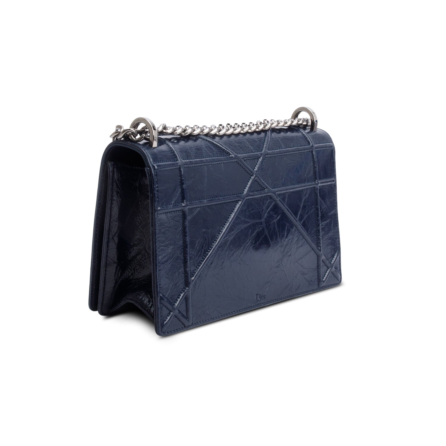 Christian Dior Navy Crinkled Cannage Leather Crystal Embellished Medium Diorama Flap Bag w/ Authenticity Card