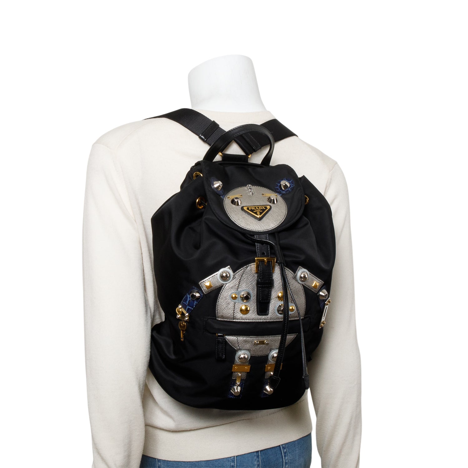 Prada Black Tessuto Nylon Grey Saffiano Leather Trim Robot Backpack