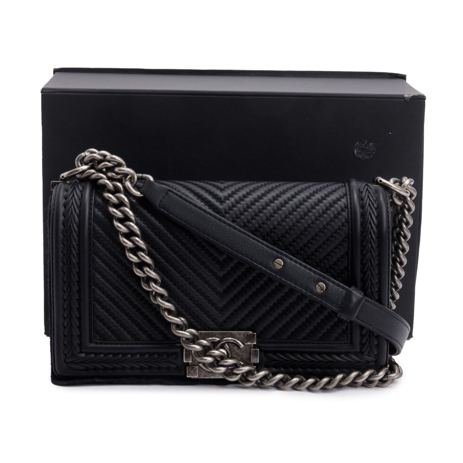 Chanel Black Chevron Quilted Calfskin Leather Whipstitch Medium Boy Bag w/ Box & Authenticity Card
