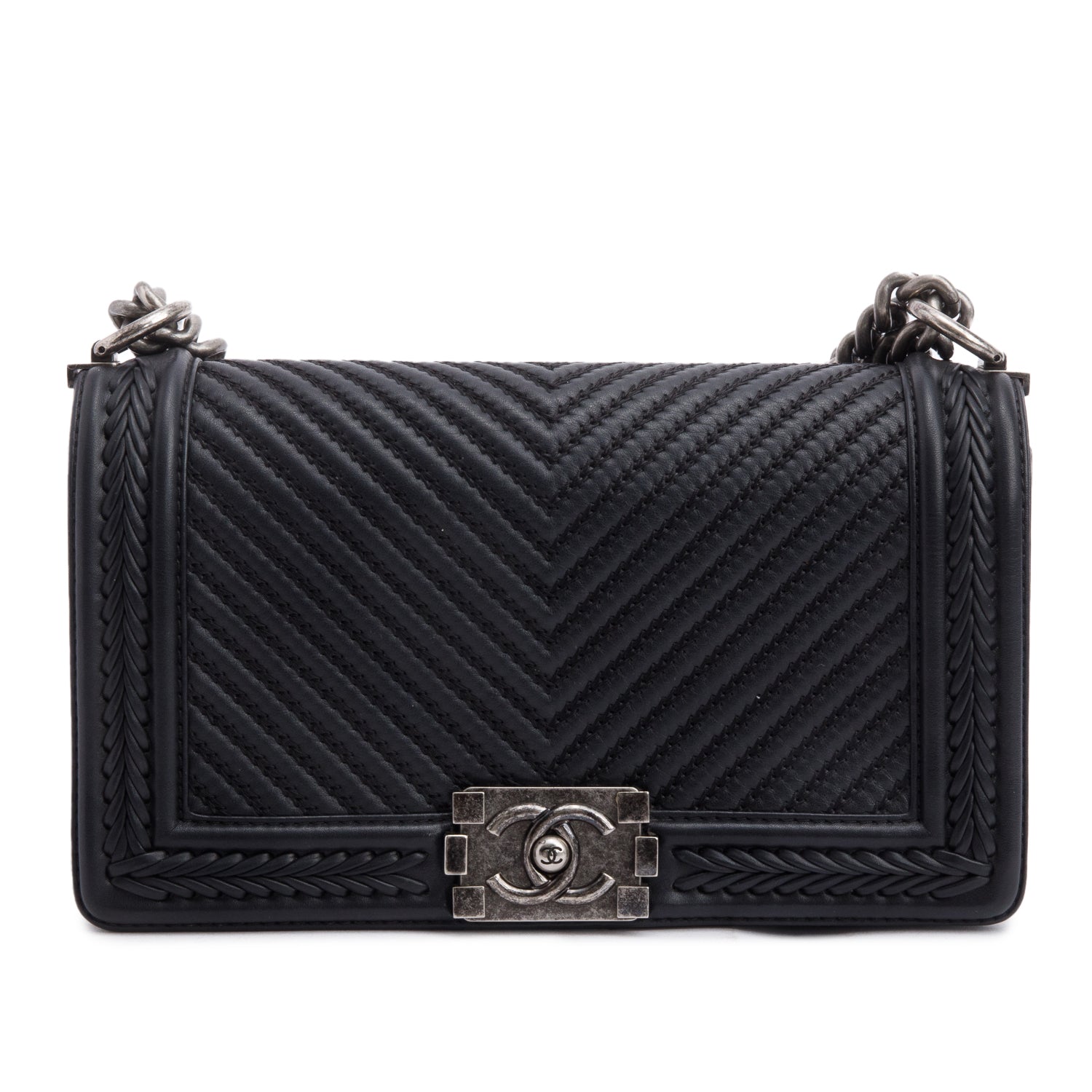 Chanel Black Chevron Quilted Calfskin Leather Whipstitch Medium Boy Bag w/ Box & Authenticity Card