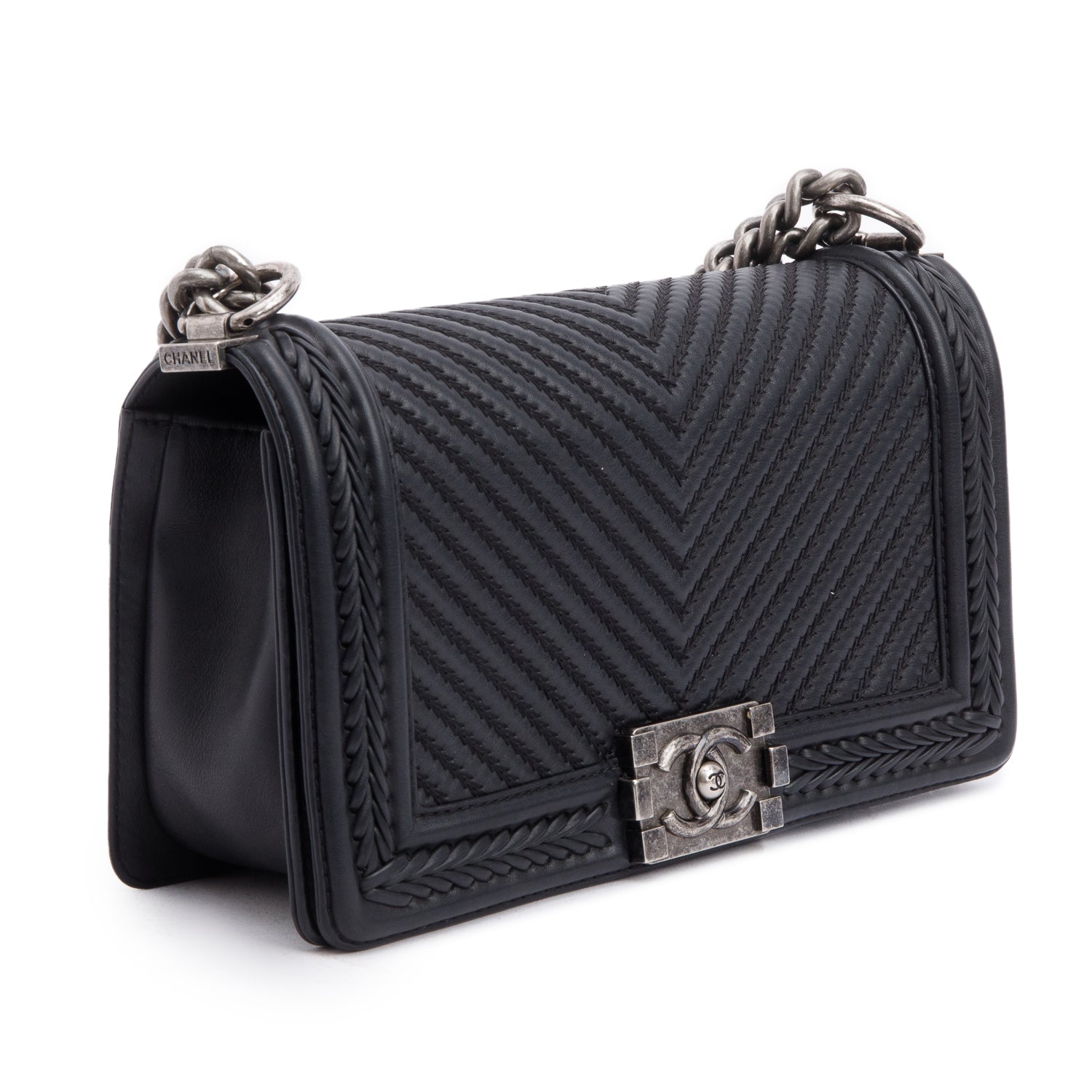 Chanel Black Chevron Quilted Calfskin Leather Whipstitch Medium Boy Bag w/ Box & Authenticity Card