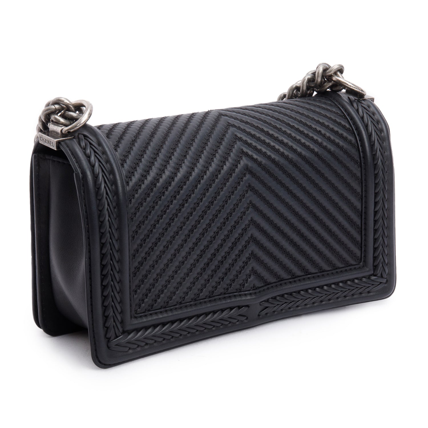 Chanel Black Chevron Quilted Calfskin Leather Whipstitch Medium Boy Bag w/ Box & Authenticity Card