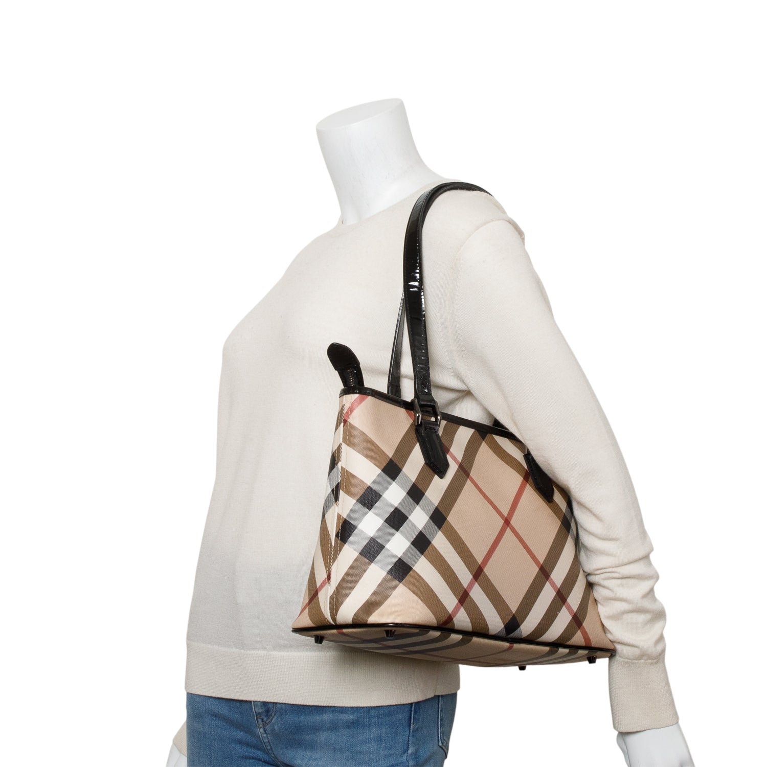 Burberry Super Nova Check Black Patent Leather Trim Small Tote w/ Box