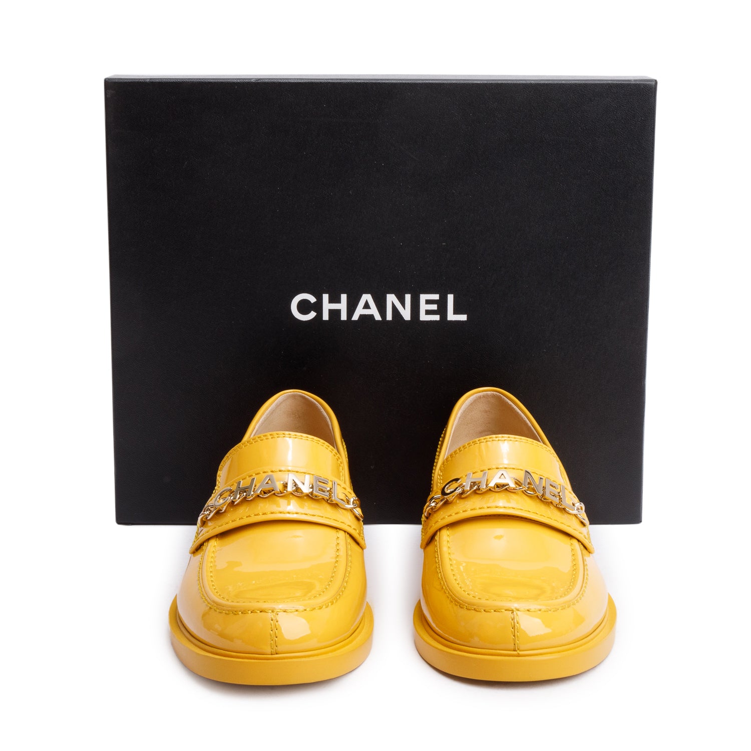 Chanel Yellow Patent Leather Chain Logo Loafer, Size 39 w/ Box