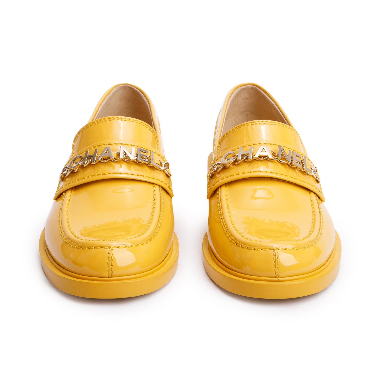 Chanel Yellow Patent Leather Chain Logo Loafer, Size 39 w/ Box