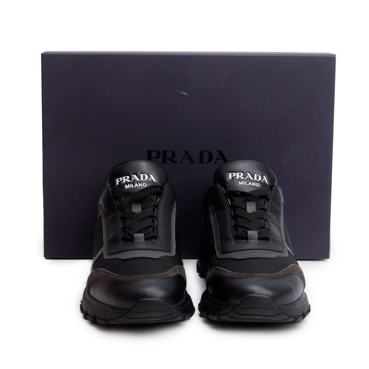 Prada Black Leather Suede Athletic Sneakers, Men's Size 6 w/ Box
