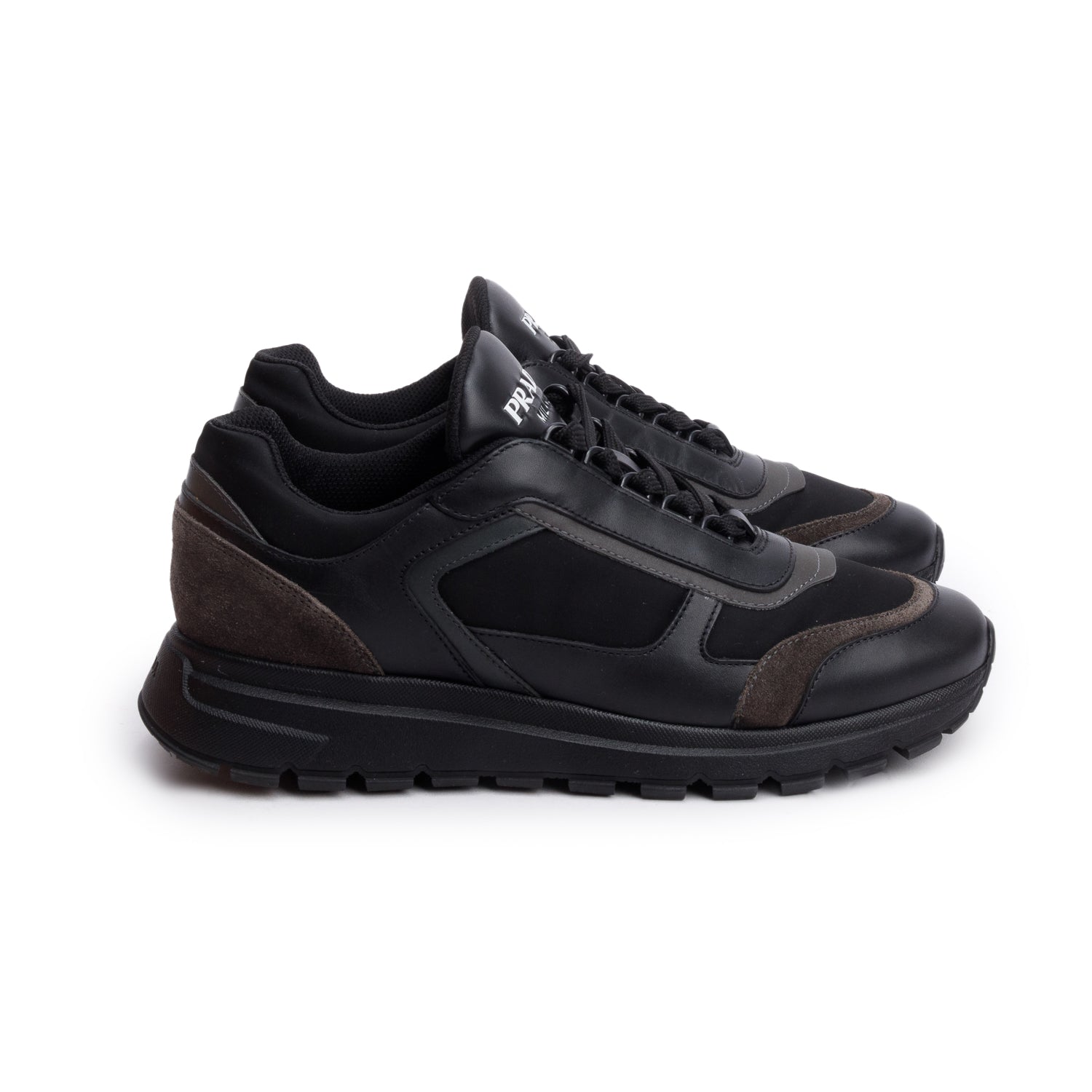 Prada Black Leather Suede Athletic Sneakers, Men's Size 6 w/ Box