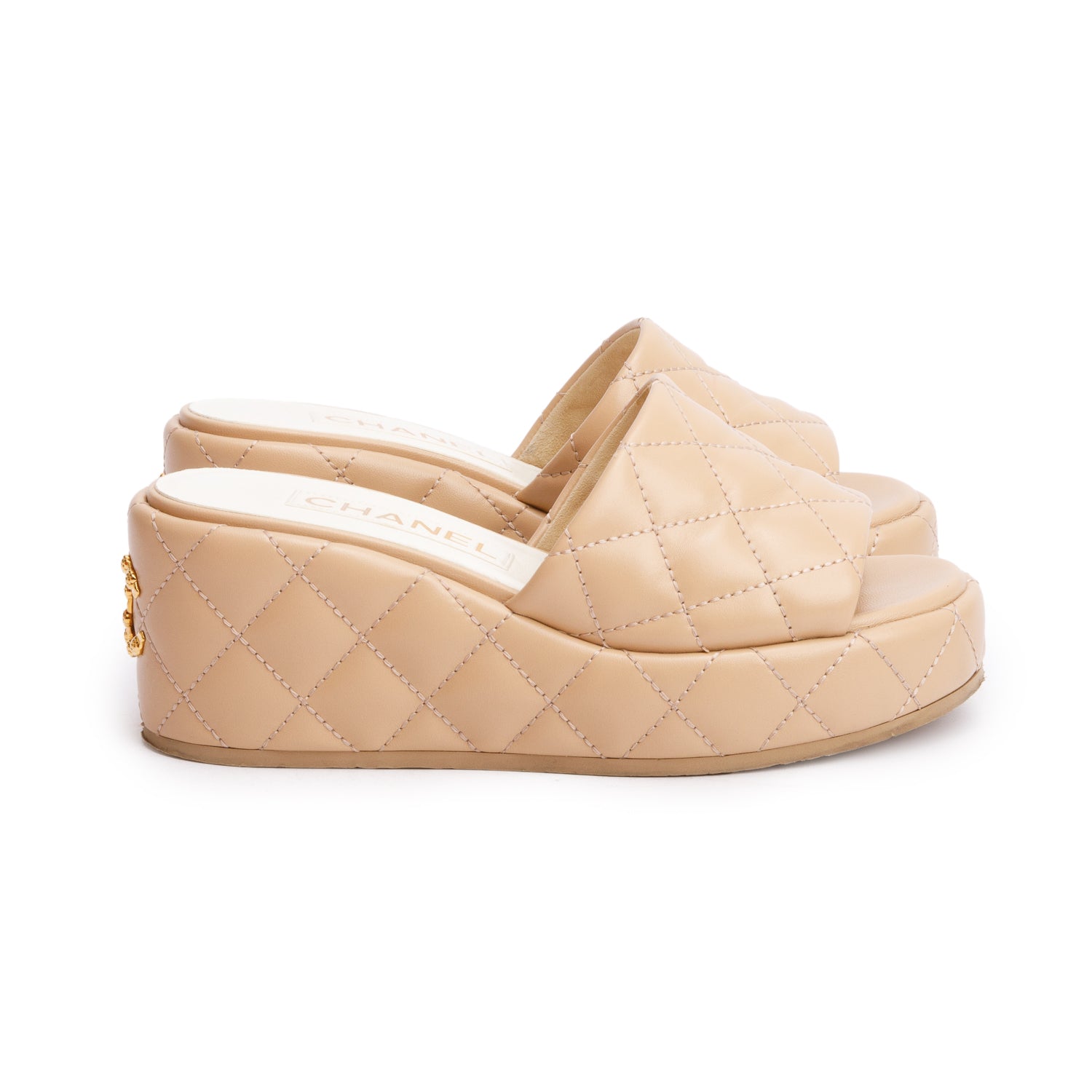Chanel Beige Quilted Lambskin Leather Camellia CC Wedge Slide Sandals, Size36 w/ Box