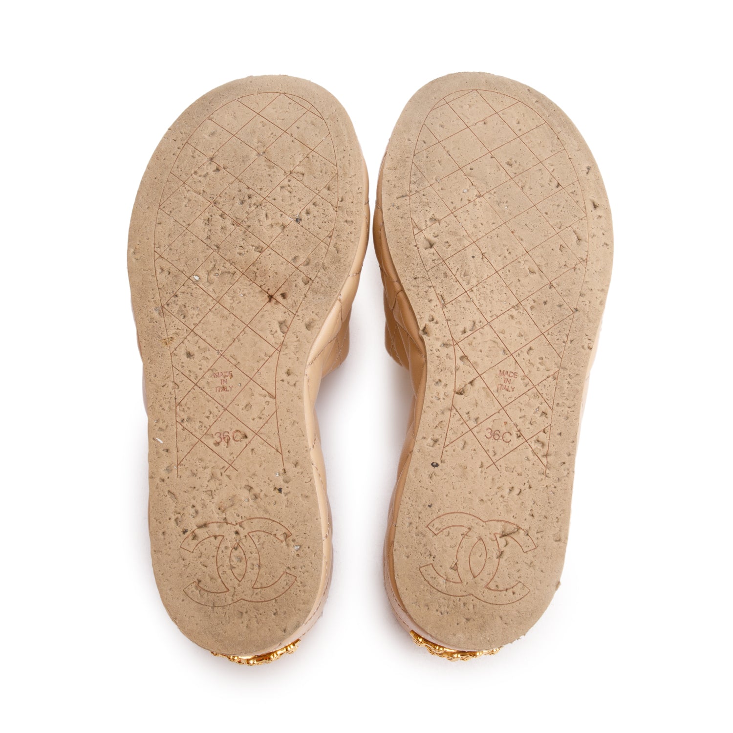 Chanel Beige Quilted Lambskin Leather Camellia CC Wedge Slide Sandals, Size36 w/ Box